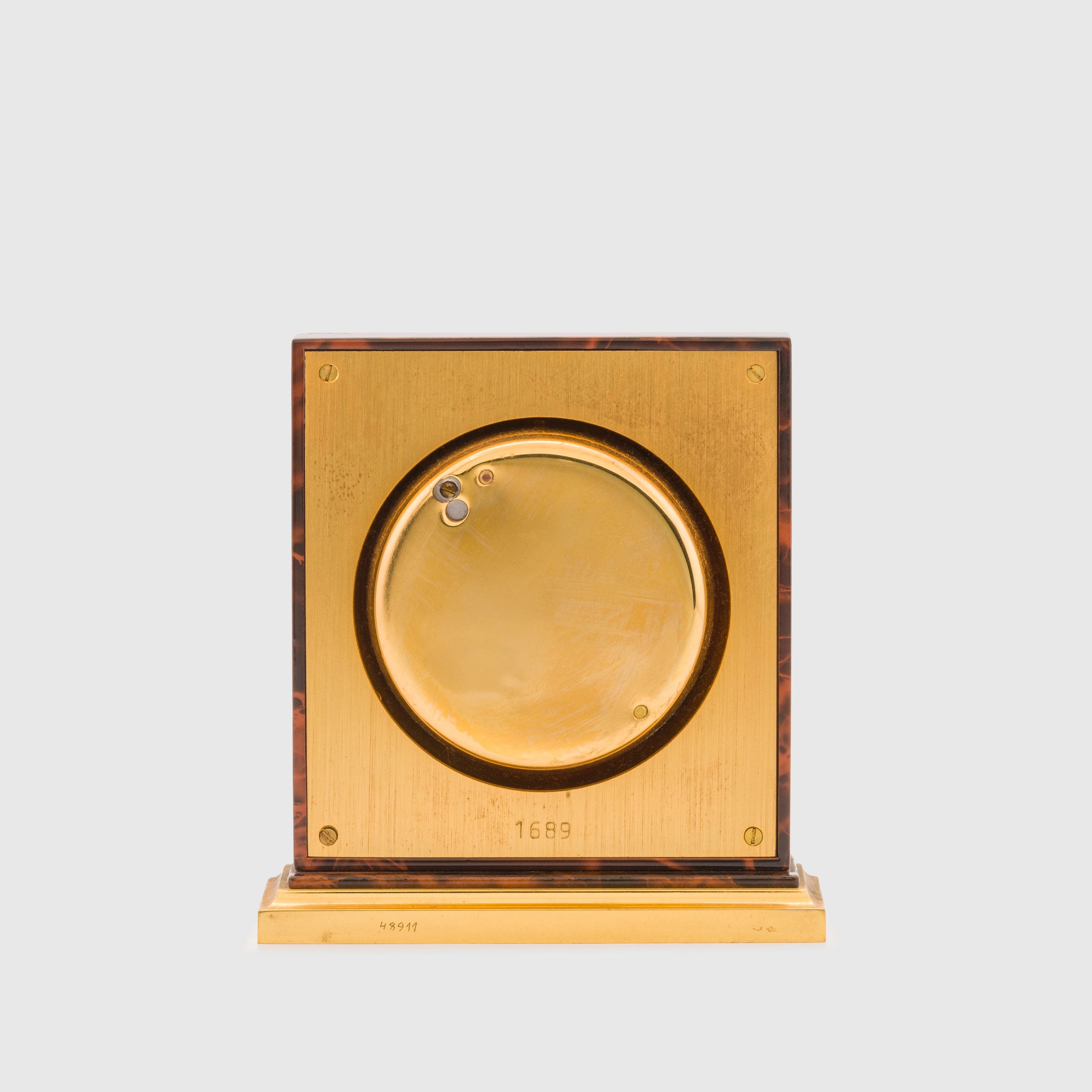 Vintage Hermes Gold Metal burl wood enameled Small Alarm Clock 727894 & Barometer (1689) Set