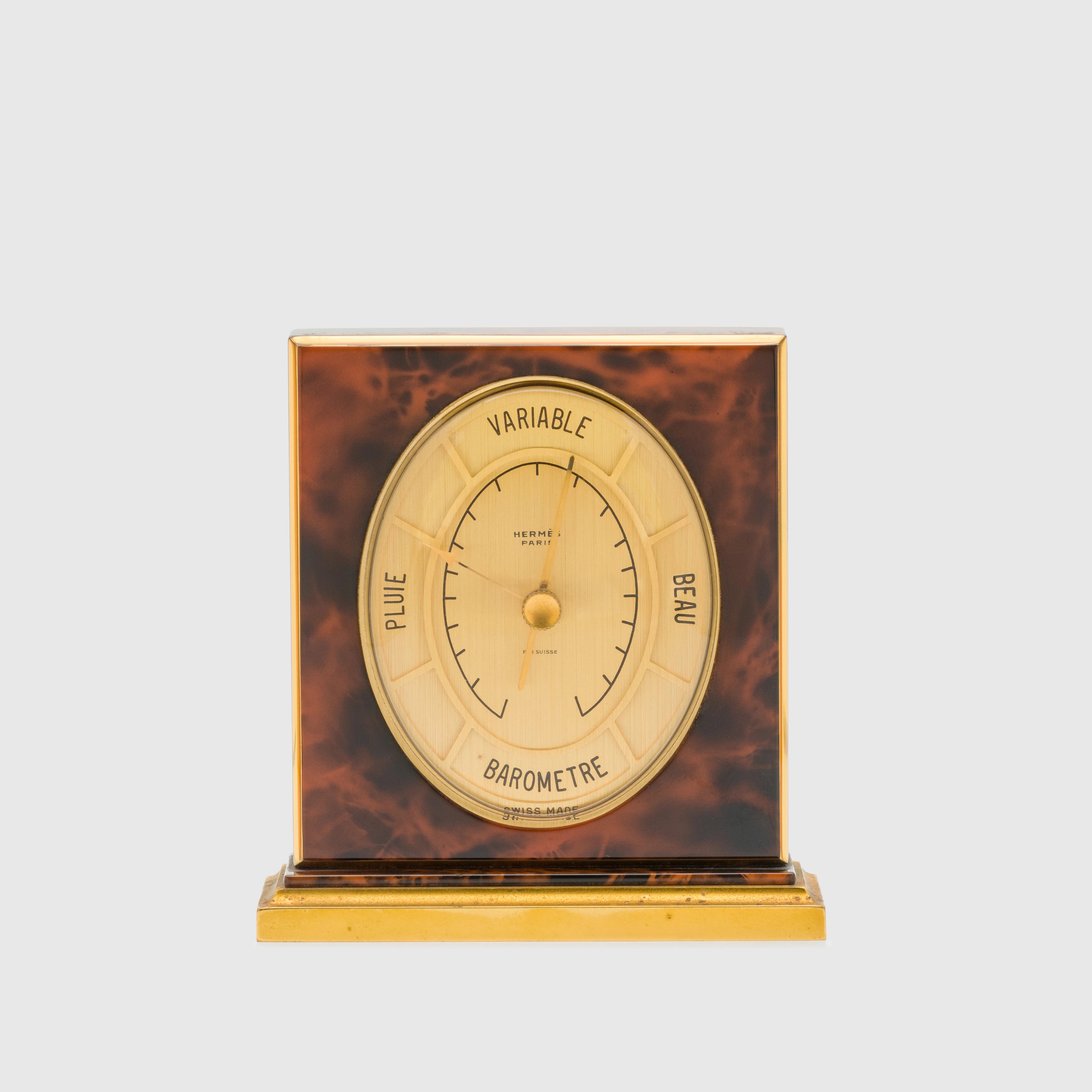 Vintage Hermes Gold Metal burl wood enameled Small Alarm Clock 727894 & Barometer (1689) Set