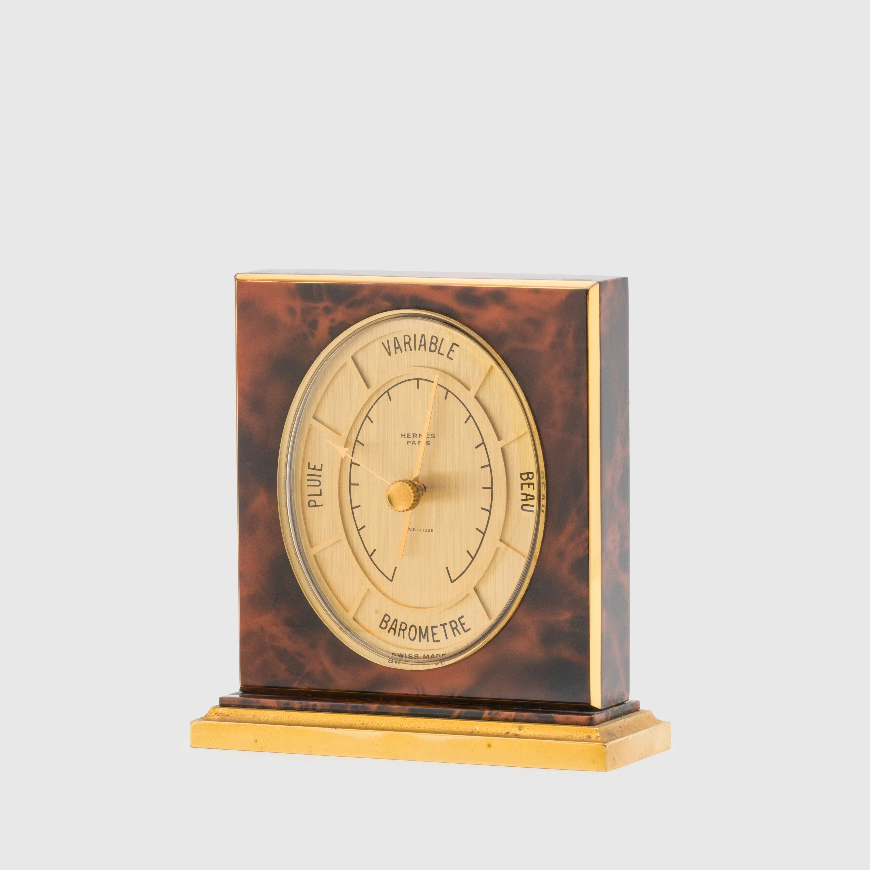 Vintage Hermes Gold Metal burl wood enameled Small Alarm Clock 727894 & Barometer (1689) Set