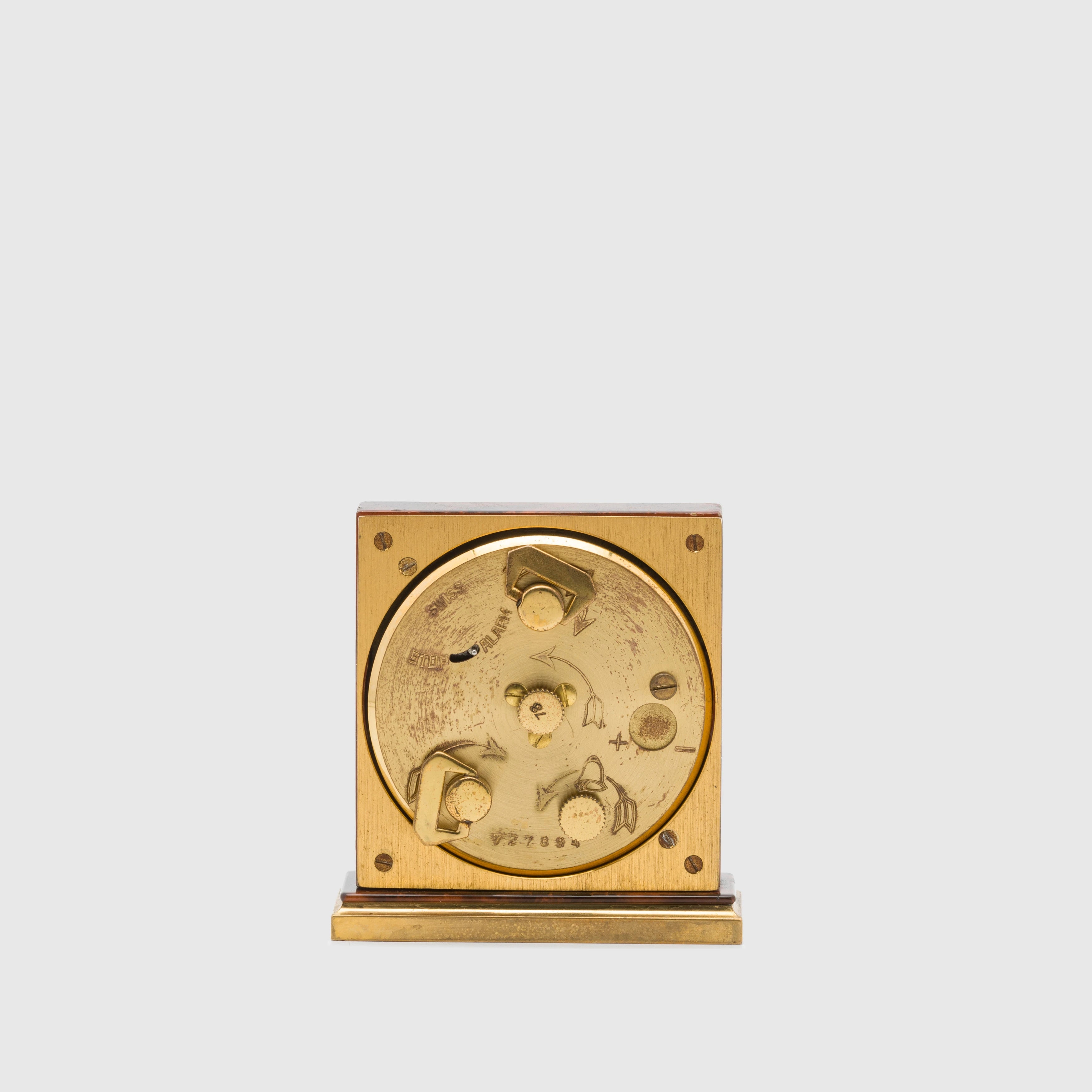Vintage Hermes Gold Metal burl wood enameled Small Alarm Clock 727894 & Barometer (1689) Set