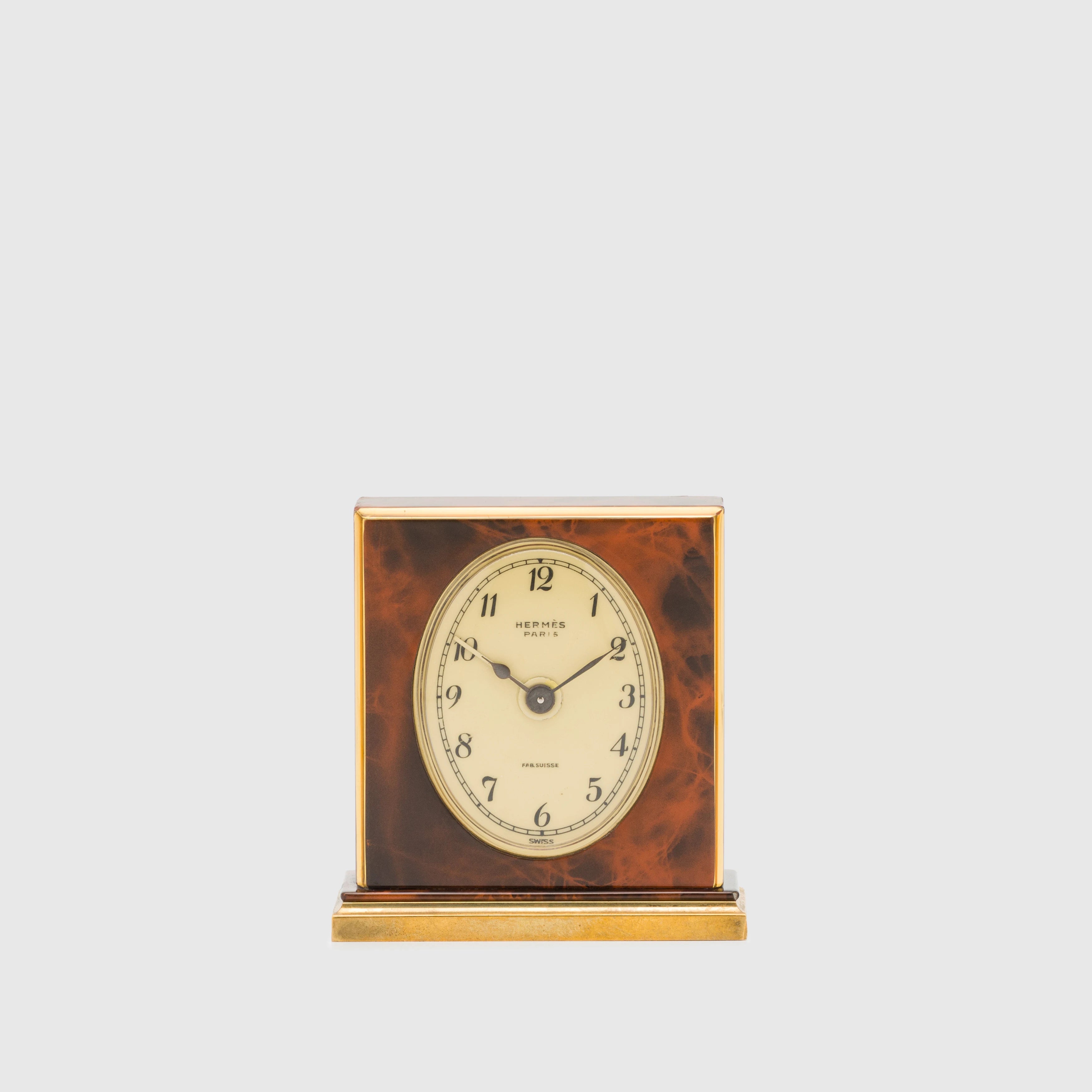 Vintage Hermes Gold Metal burl wood enameled Small Alarm Clock 727894 & Barometer (1689) Set