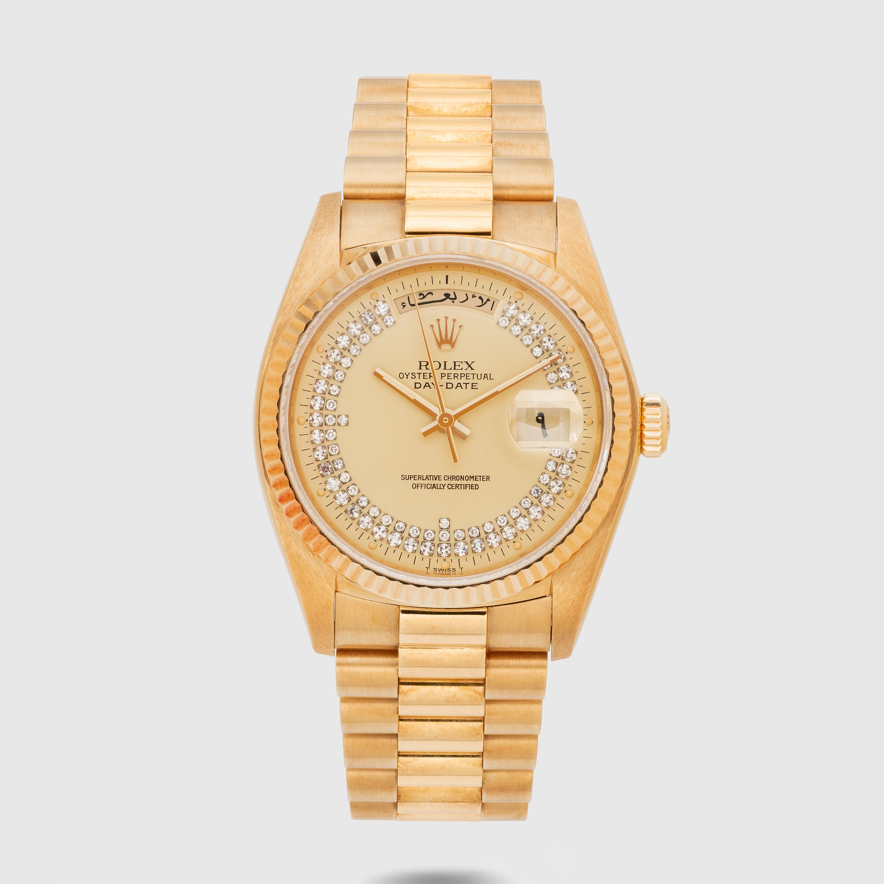 1984 Rolex Day Date NOS Double String Diamond Dial Arabic Discs Ref. 18038 (Full Set)