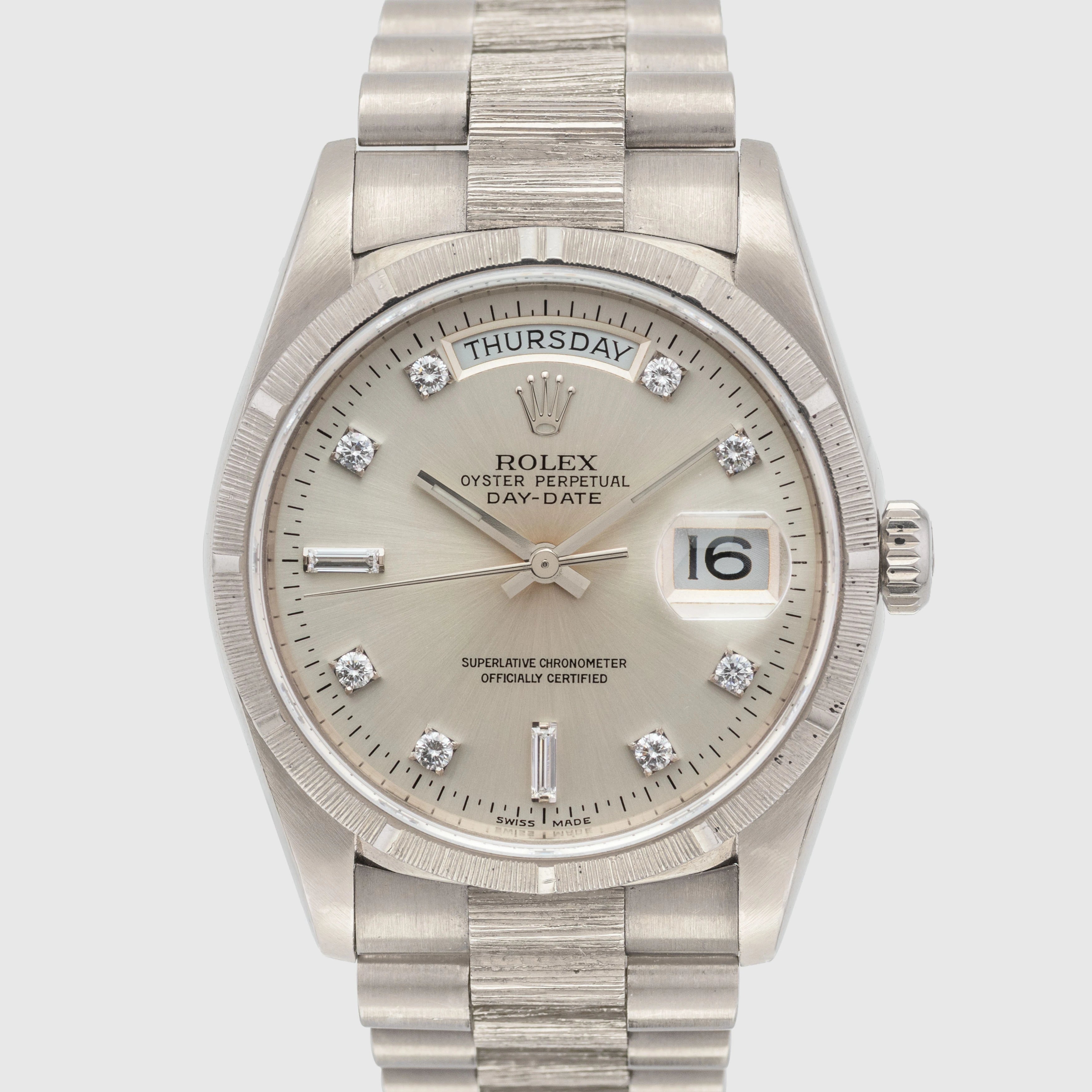 1999 Rolex Day Date White Gold Bark Finish Ref. 18249