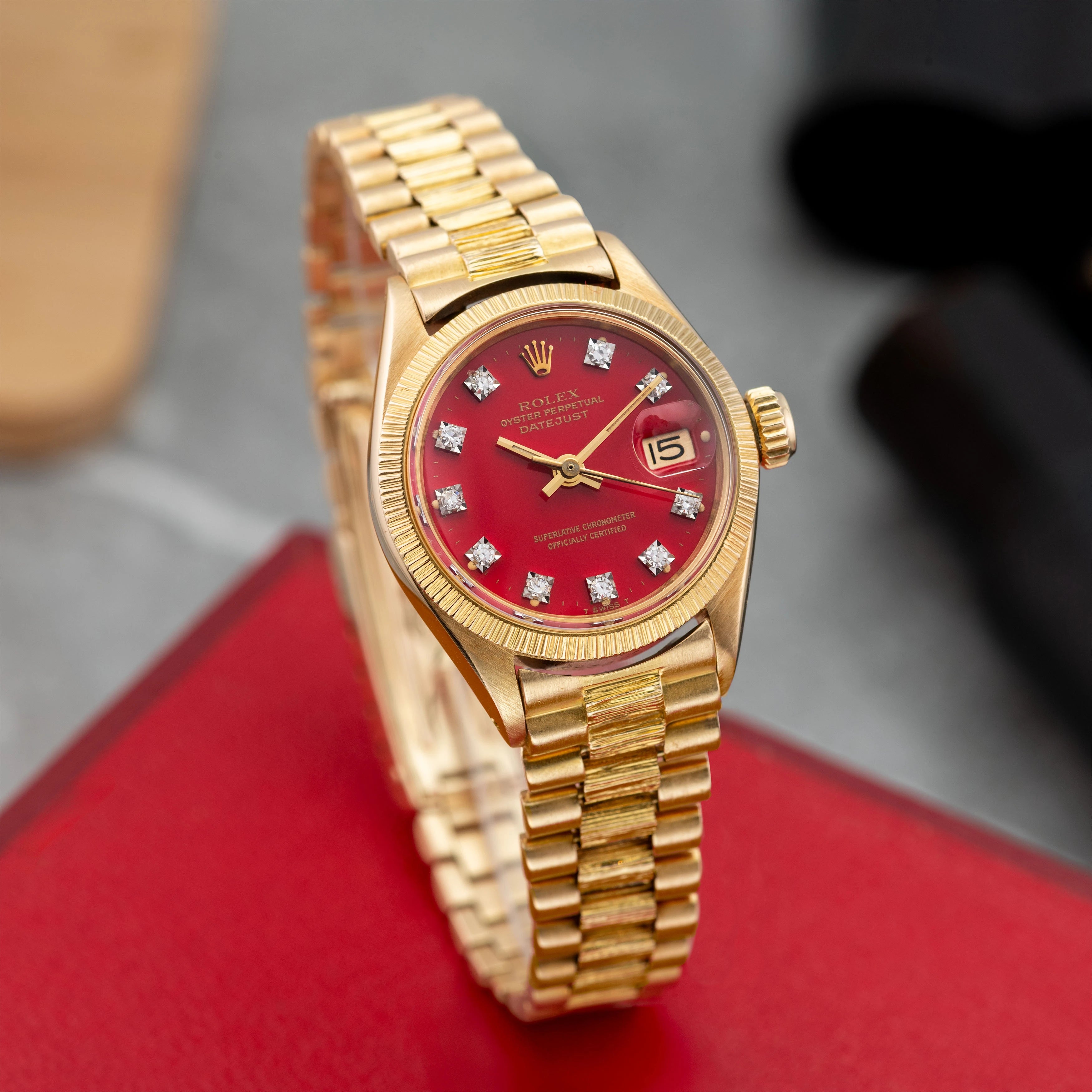 1973 Rolex Lady Datejust Bark Red Stella Diamond Dial Ref. 6927 (Full Set)