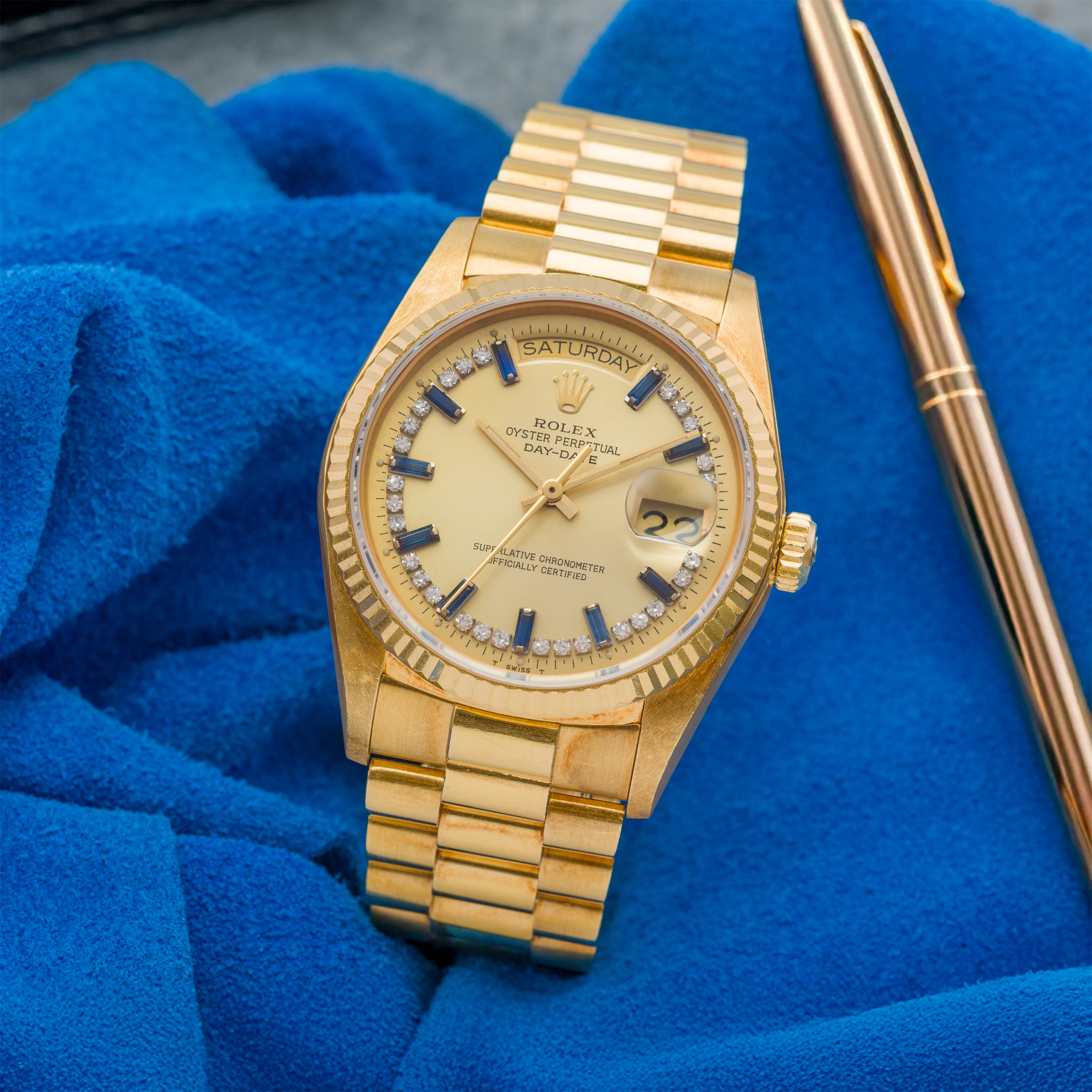 1979 Rolex Day Date Diamond String Sapphire Baguette Dial Ref. 18038