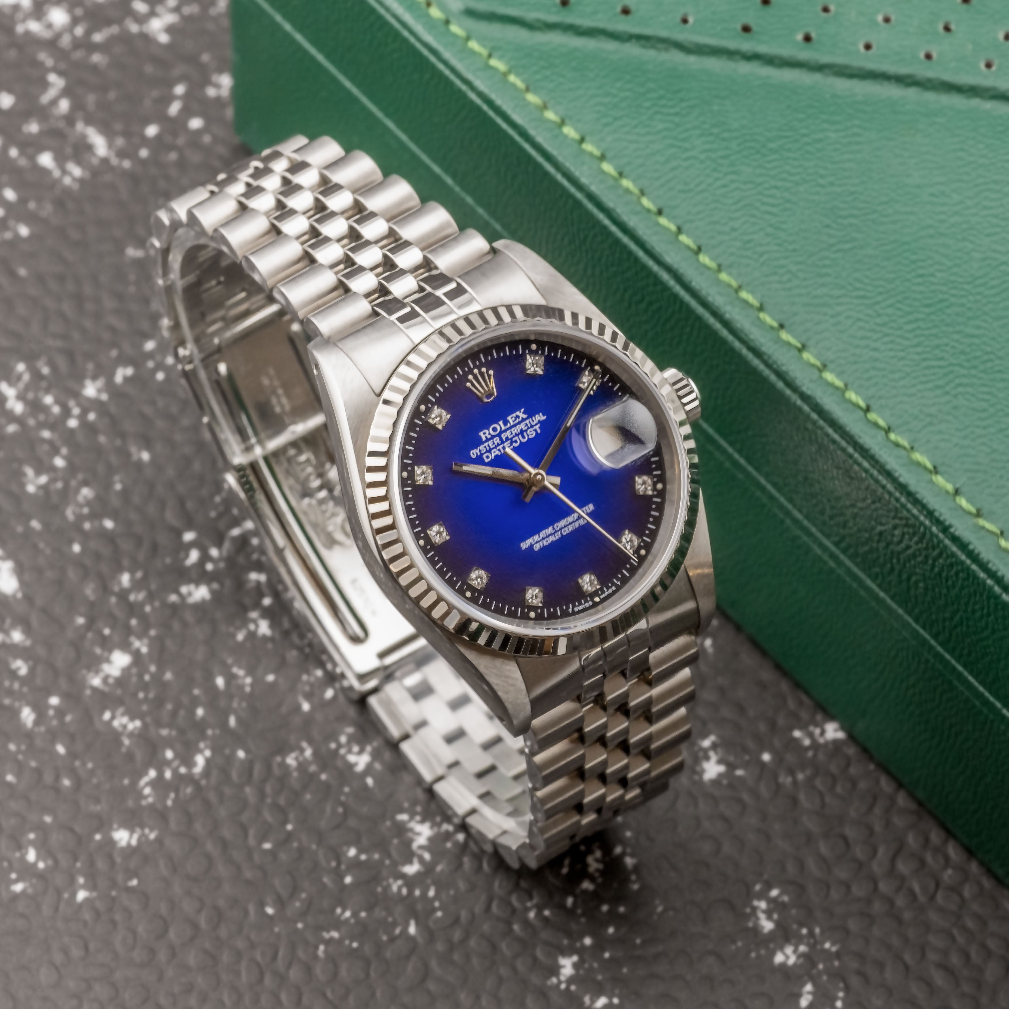 1990 Rolex Datejust Blue Vignette Diamond Dial Ref. 16234 (with Box & Papers)