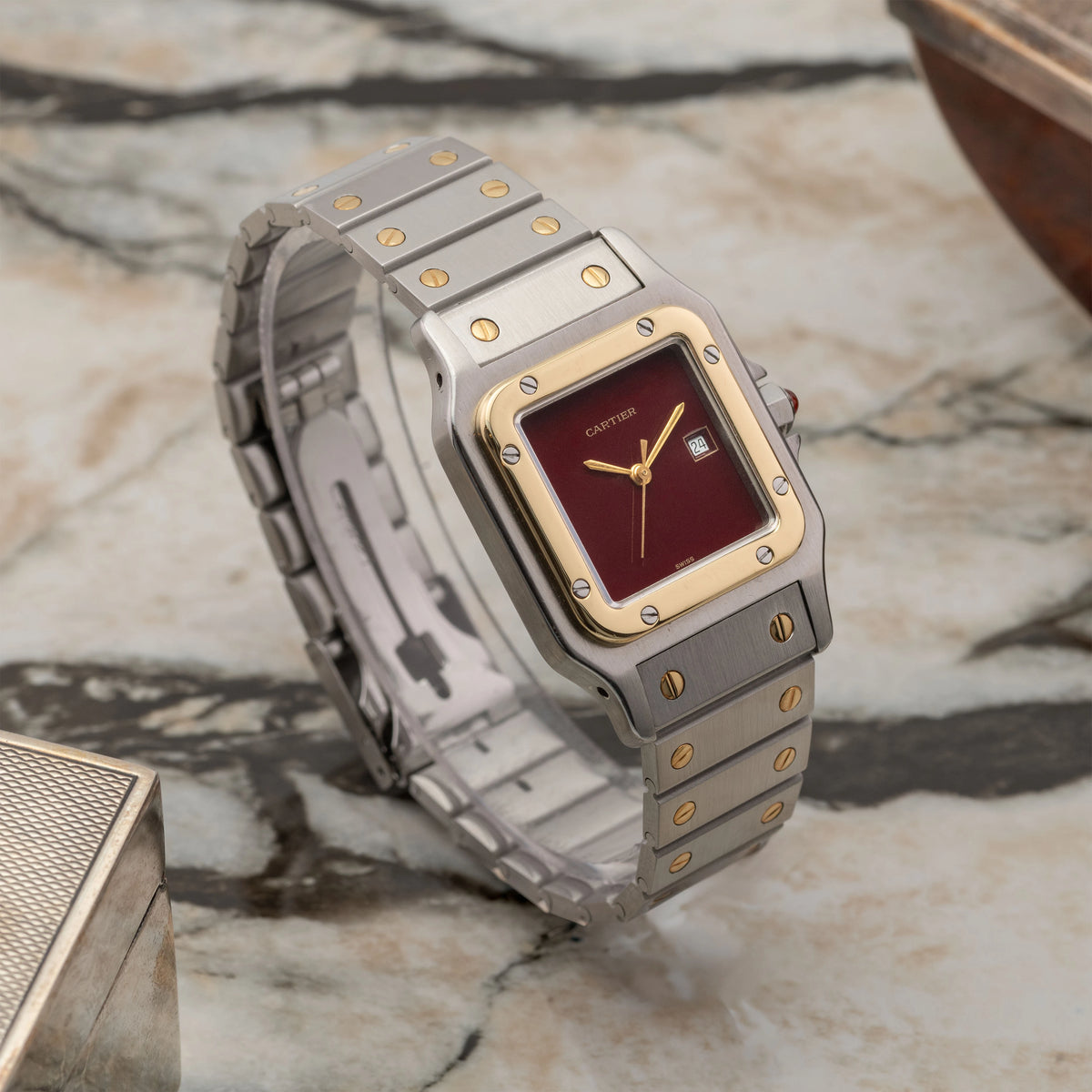 1980's Cartier Santos Carree Burgundy Dial St/G Ref. 2961 (Box)