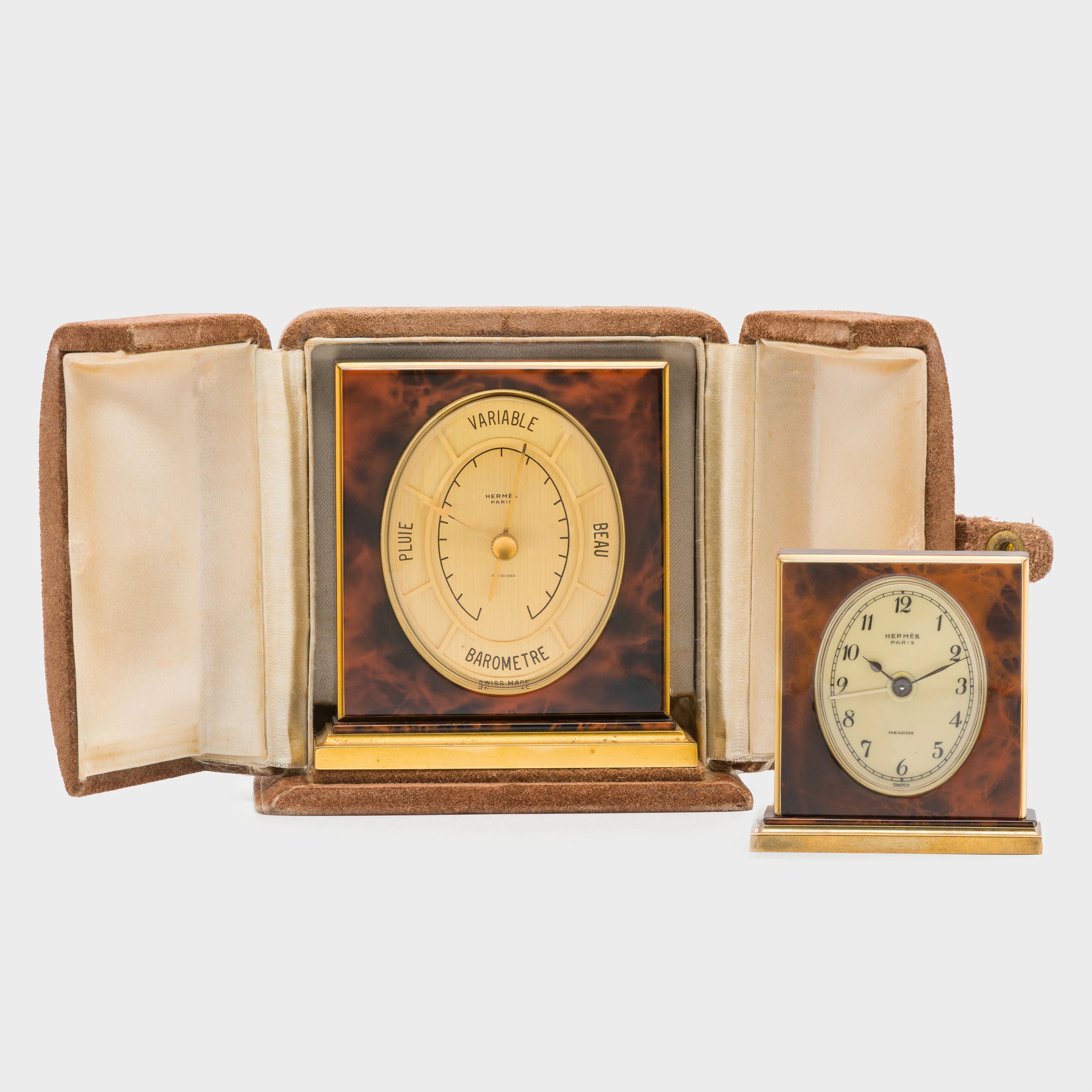 Vintage Hermes Gold Metal burl wood enameled Small Alarm Clock 727894 & Barometer (1689) Set