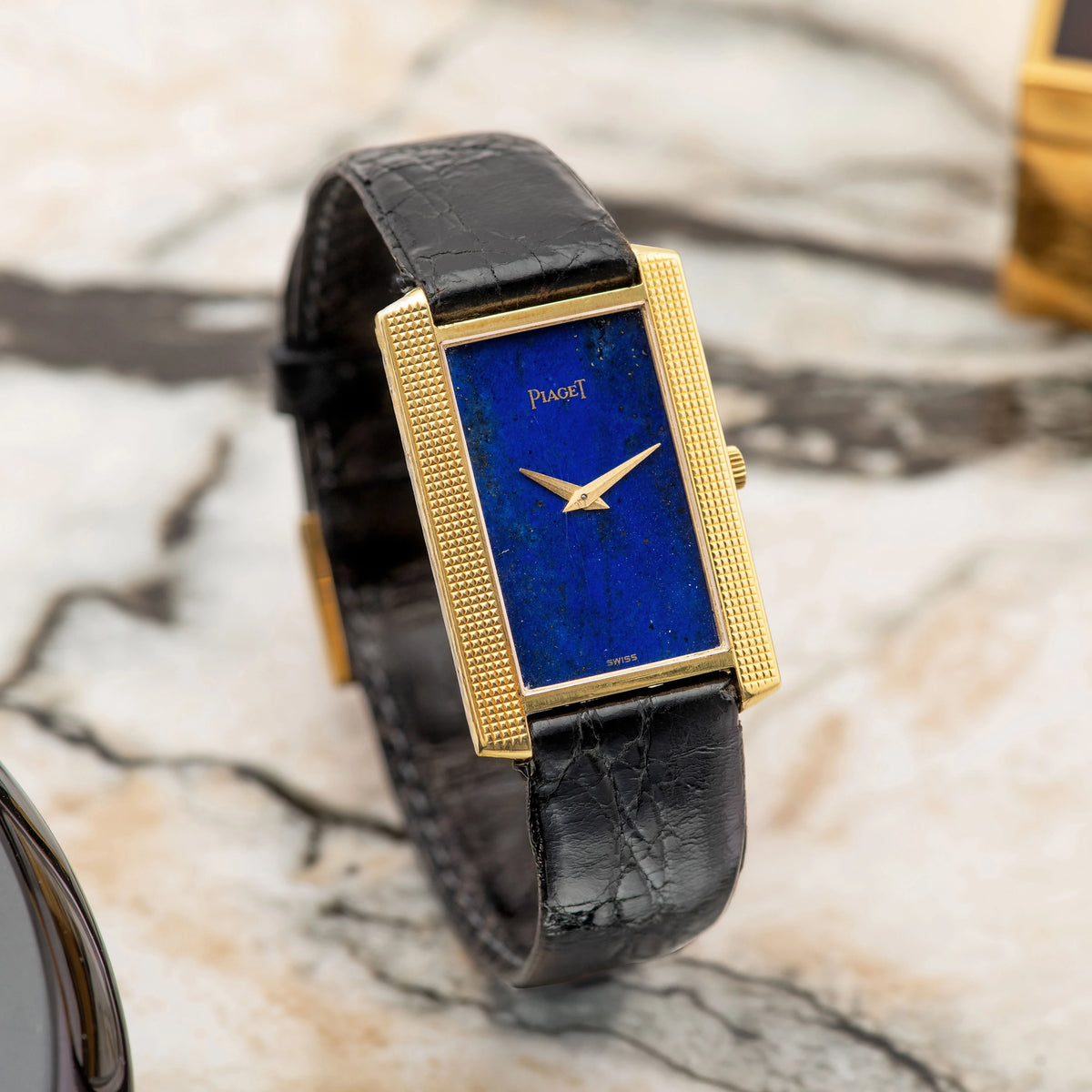 1970's Piaget Tank Yellow Gold Clous de Paris Lapis Dial Ref. 9214