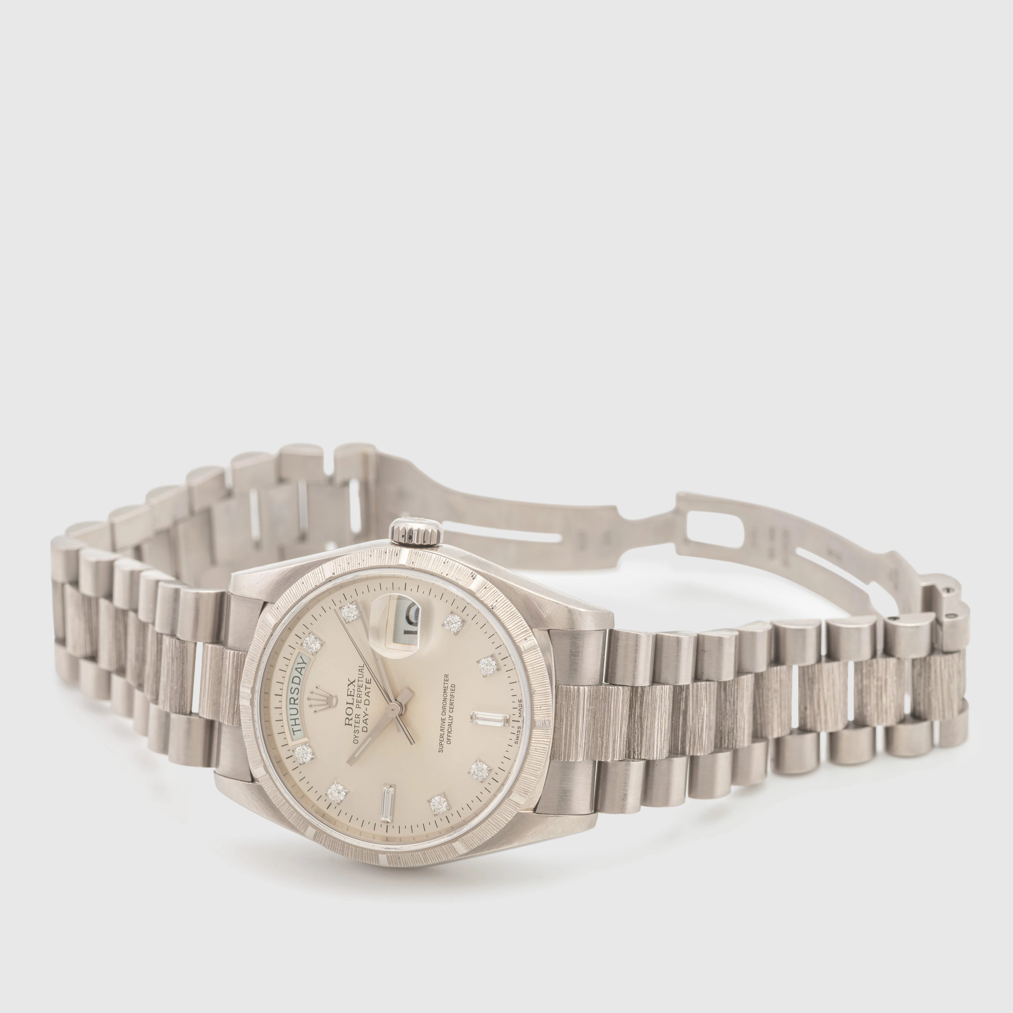 1999 Rolex Day Date White Gold Bark Finish Ref. 18249