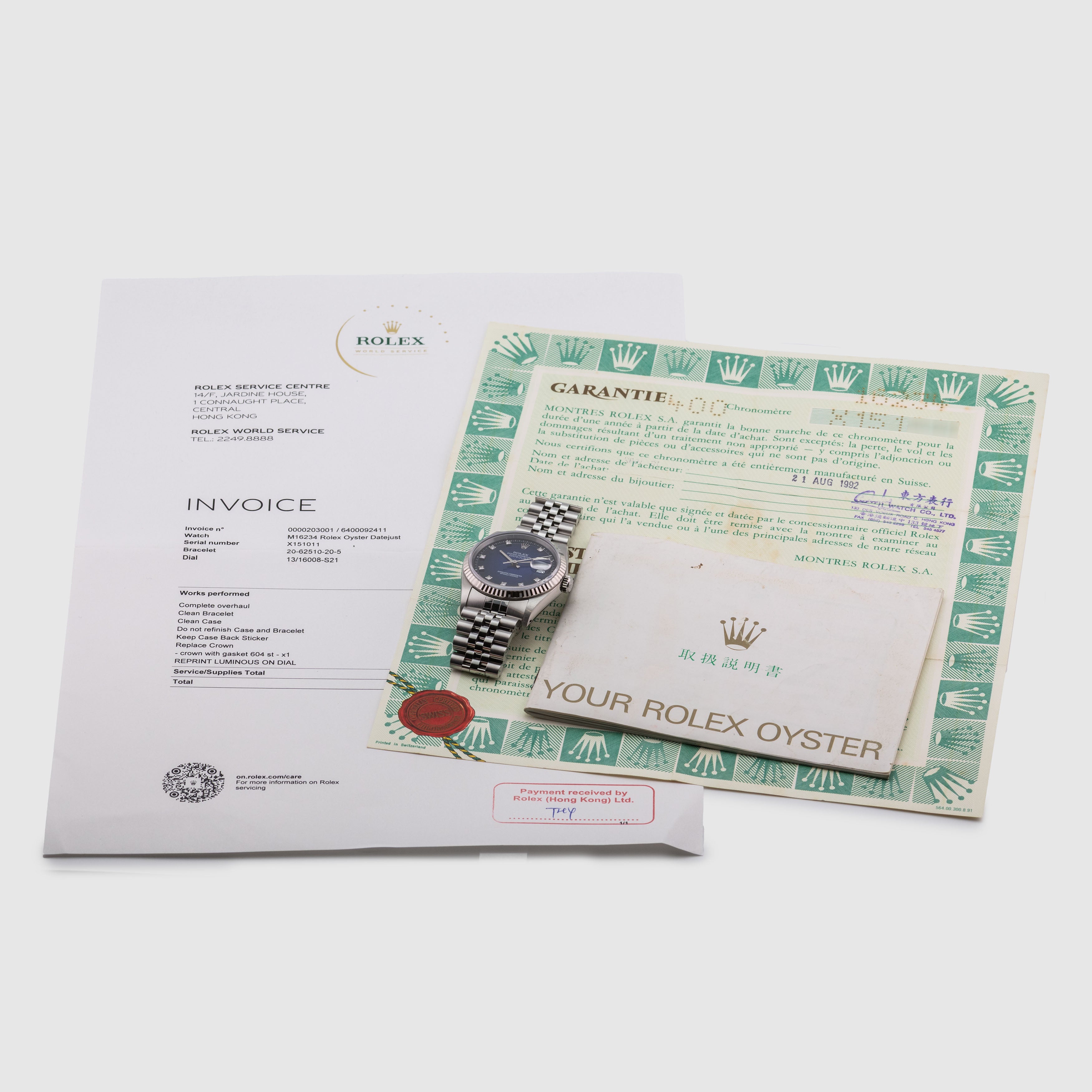 1991 Rolex Datejust Blue Vignette Diamond Dial Ref. 16234 (with papers)