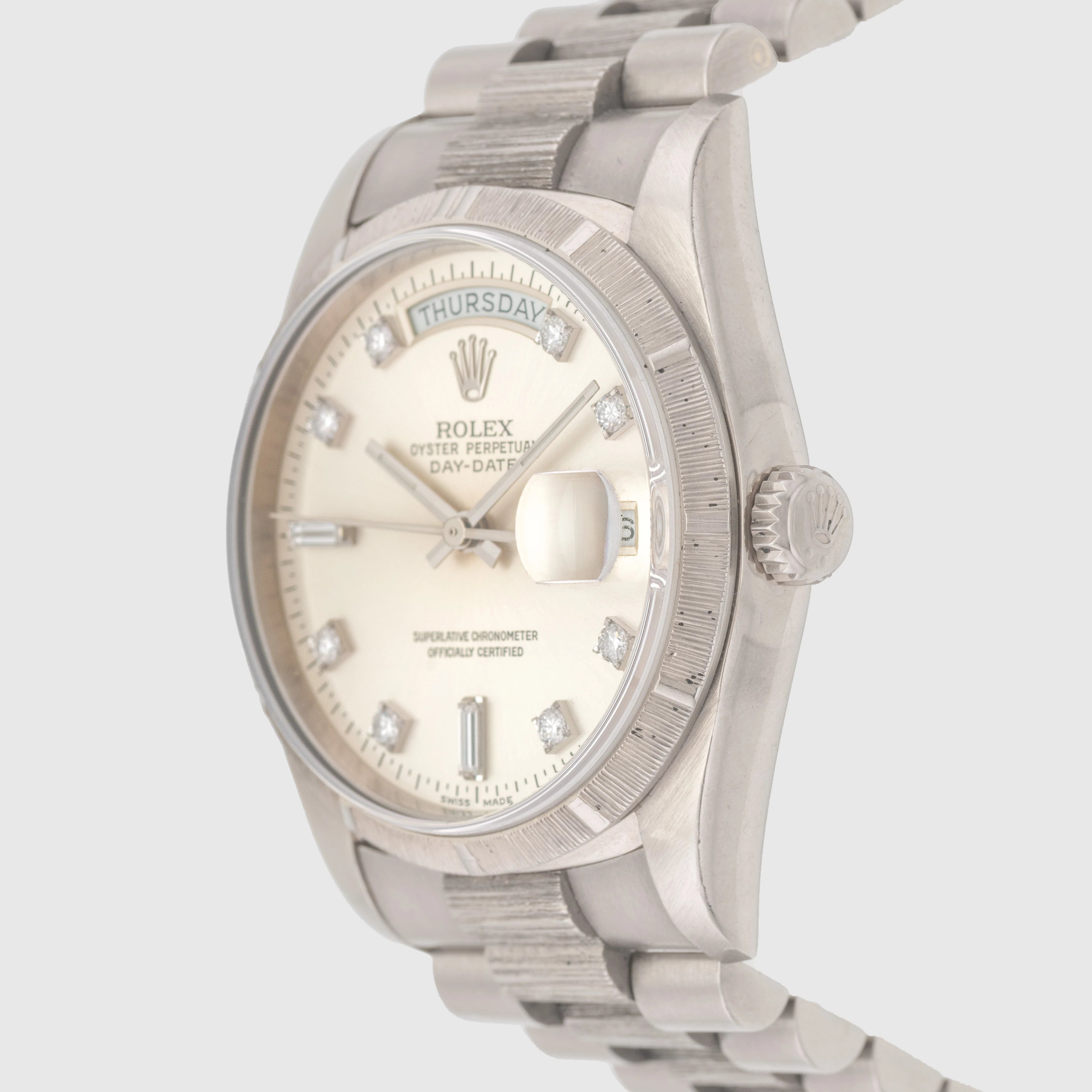 1999 Rolex Day Date White Gold Bark Finish Ref. 18249