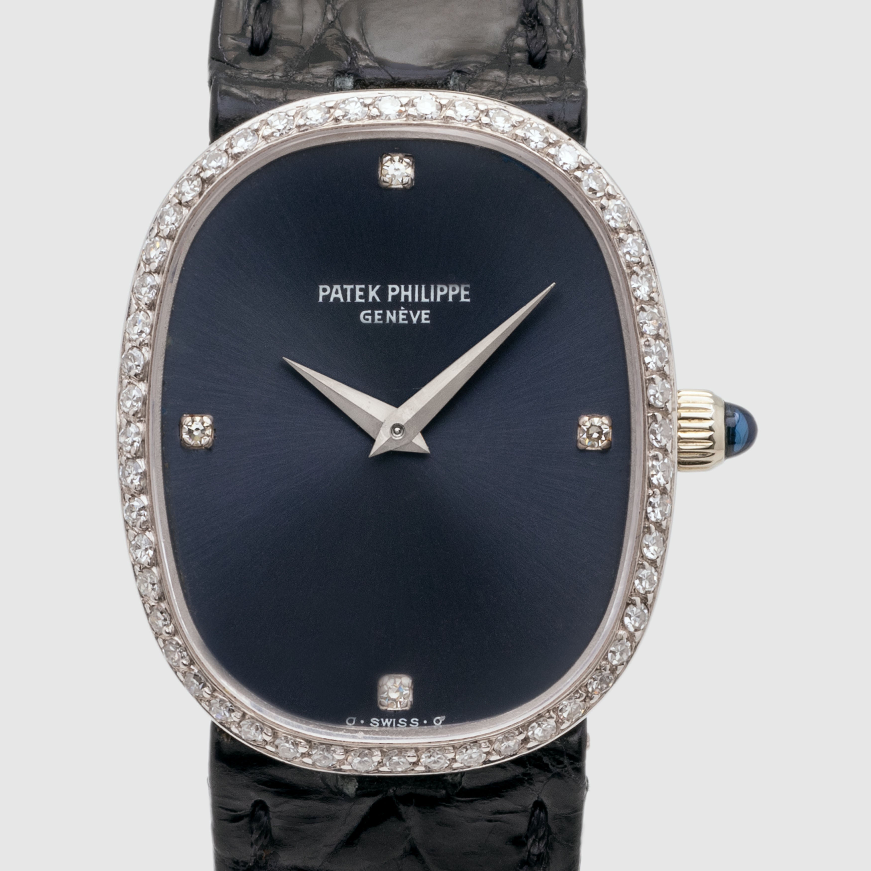 1980's Patek Philippe Ladies Ellipse White Gold Diamond Bezel Blue Dial Ref. 4382
