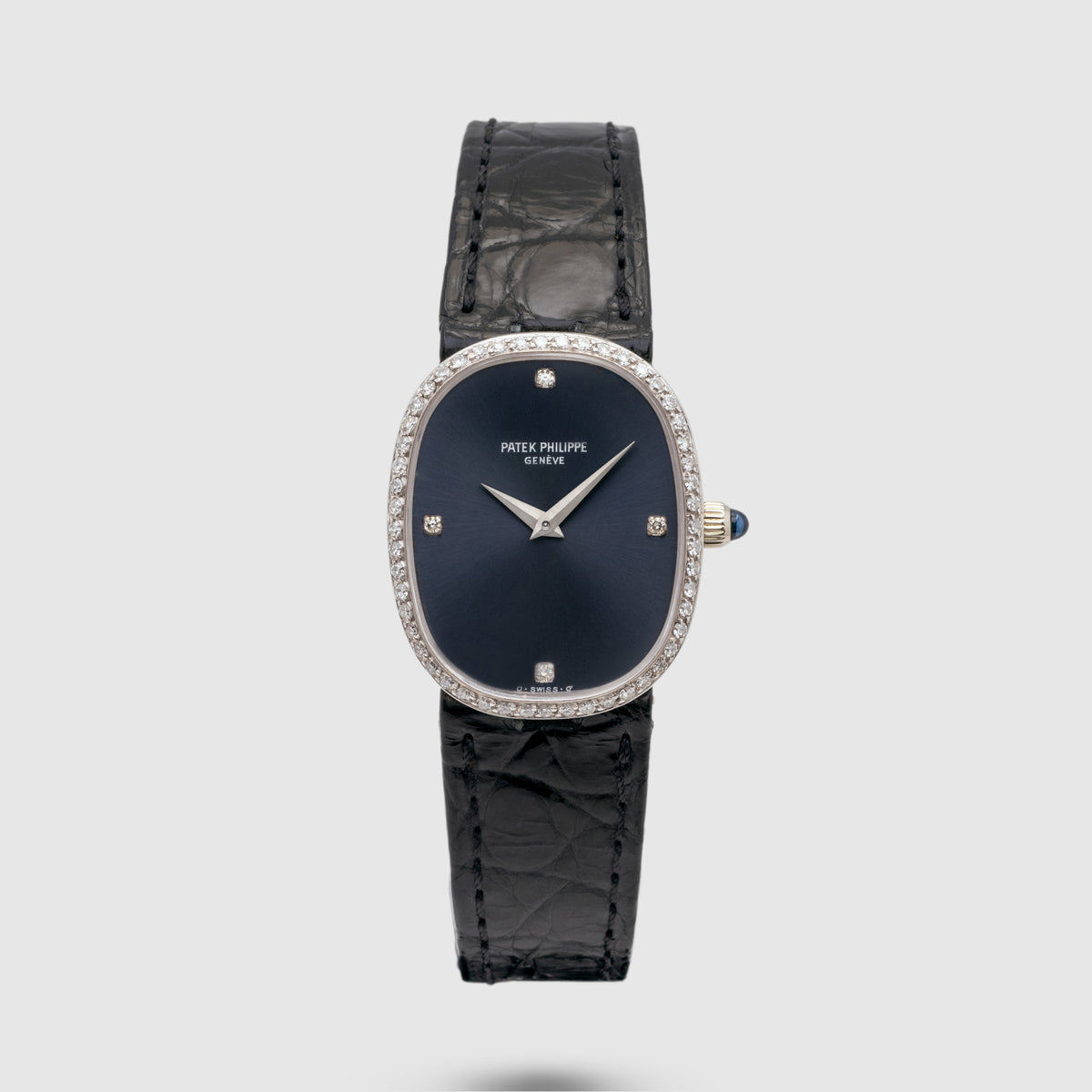 1980's Patek Philippe Ladies Ellipse White Gold Diamond Bezel Blue Dial Ref. 4382