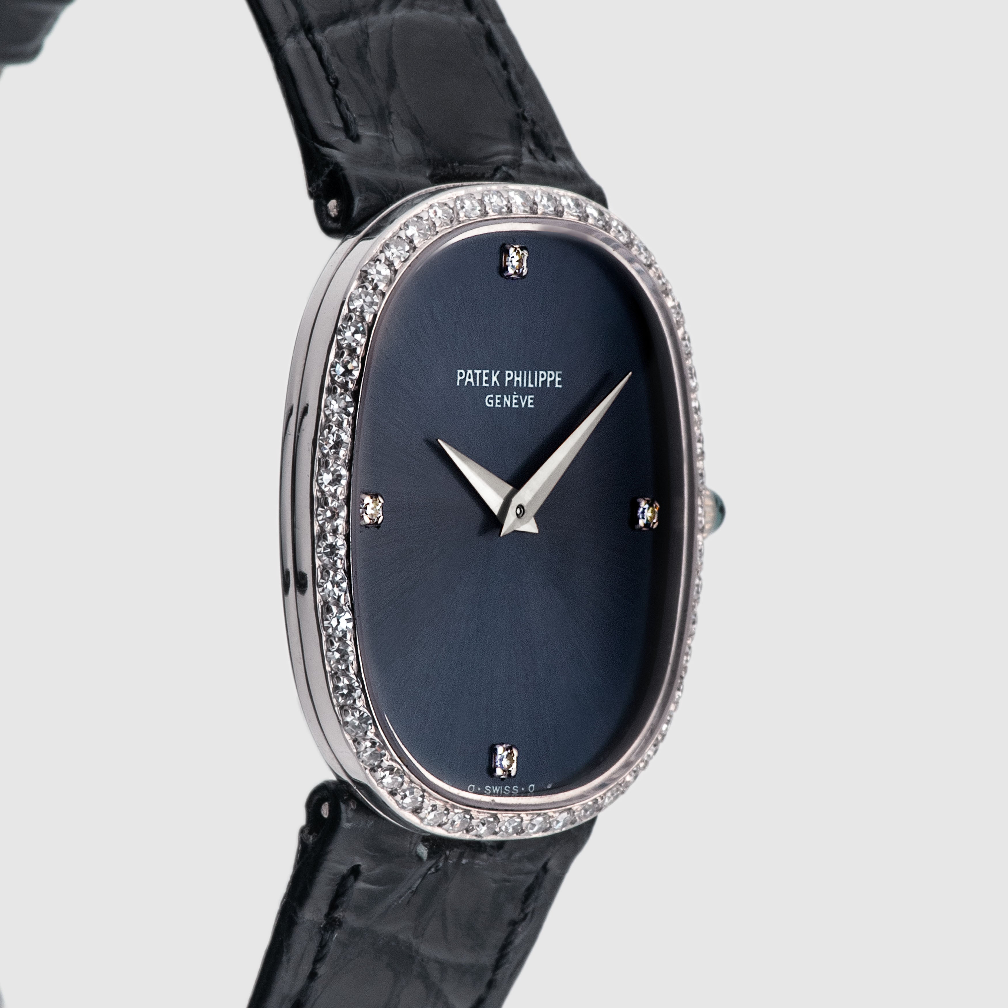 1980's Patek Philippe Ladies Ellipse White Gold Diamond Bezel Blue Dial Ref. 4382
