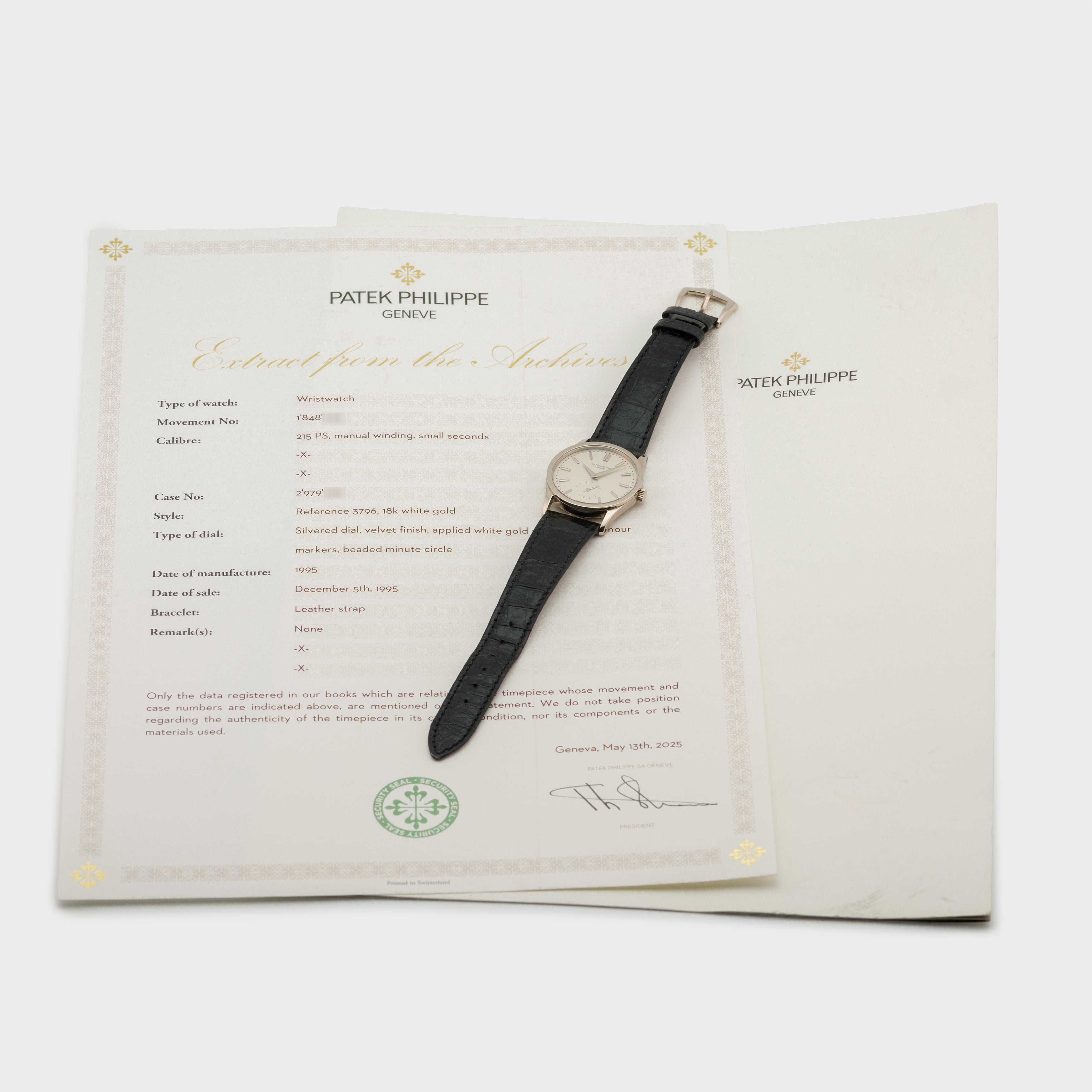 1995 Patek Philippe Calatrava White Gold Ref. 3796 (with Extract of Archives)