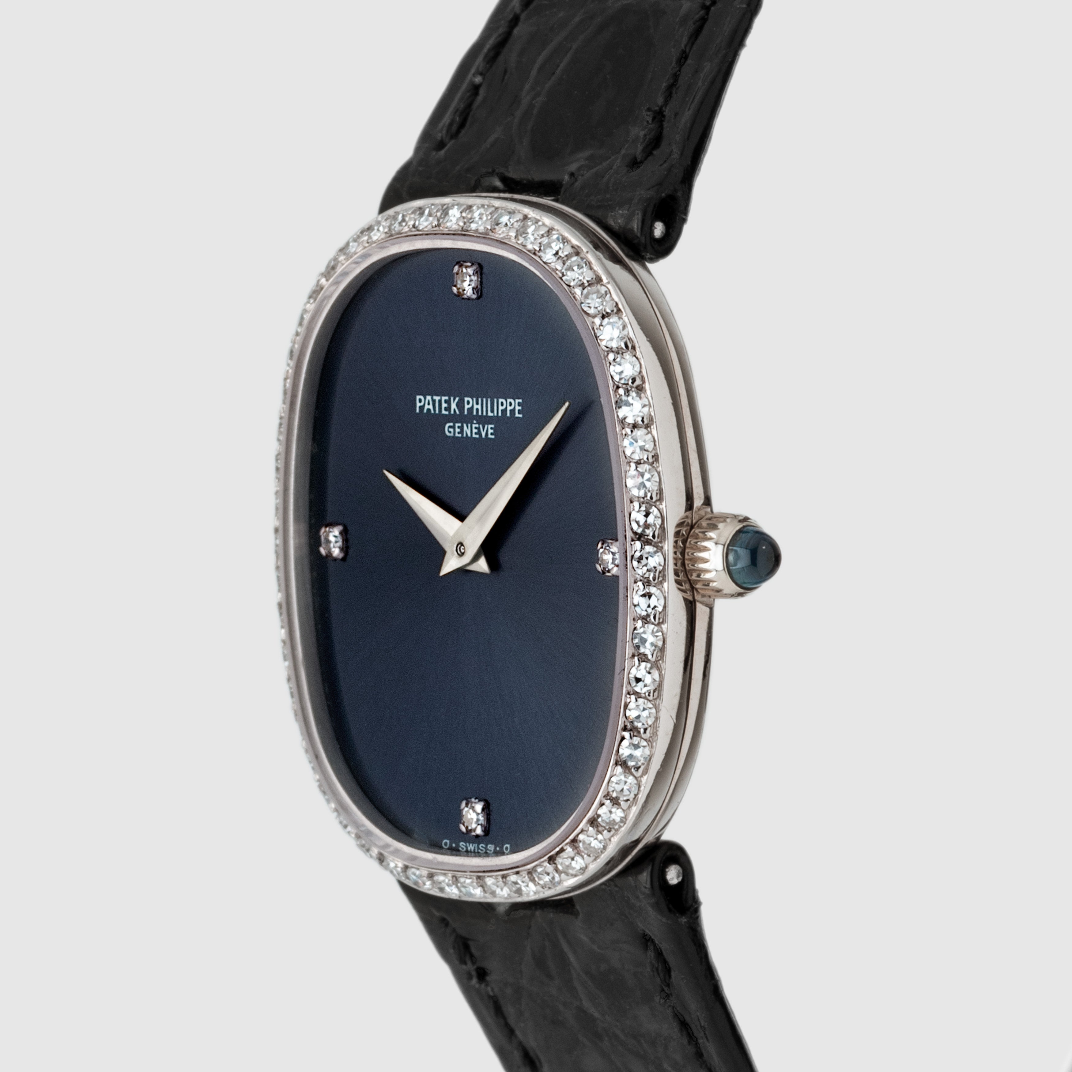 1980's Patek Philippe Ladies Ellipse White Gold Diamond Bezel Blue Dial Ref. 4382