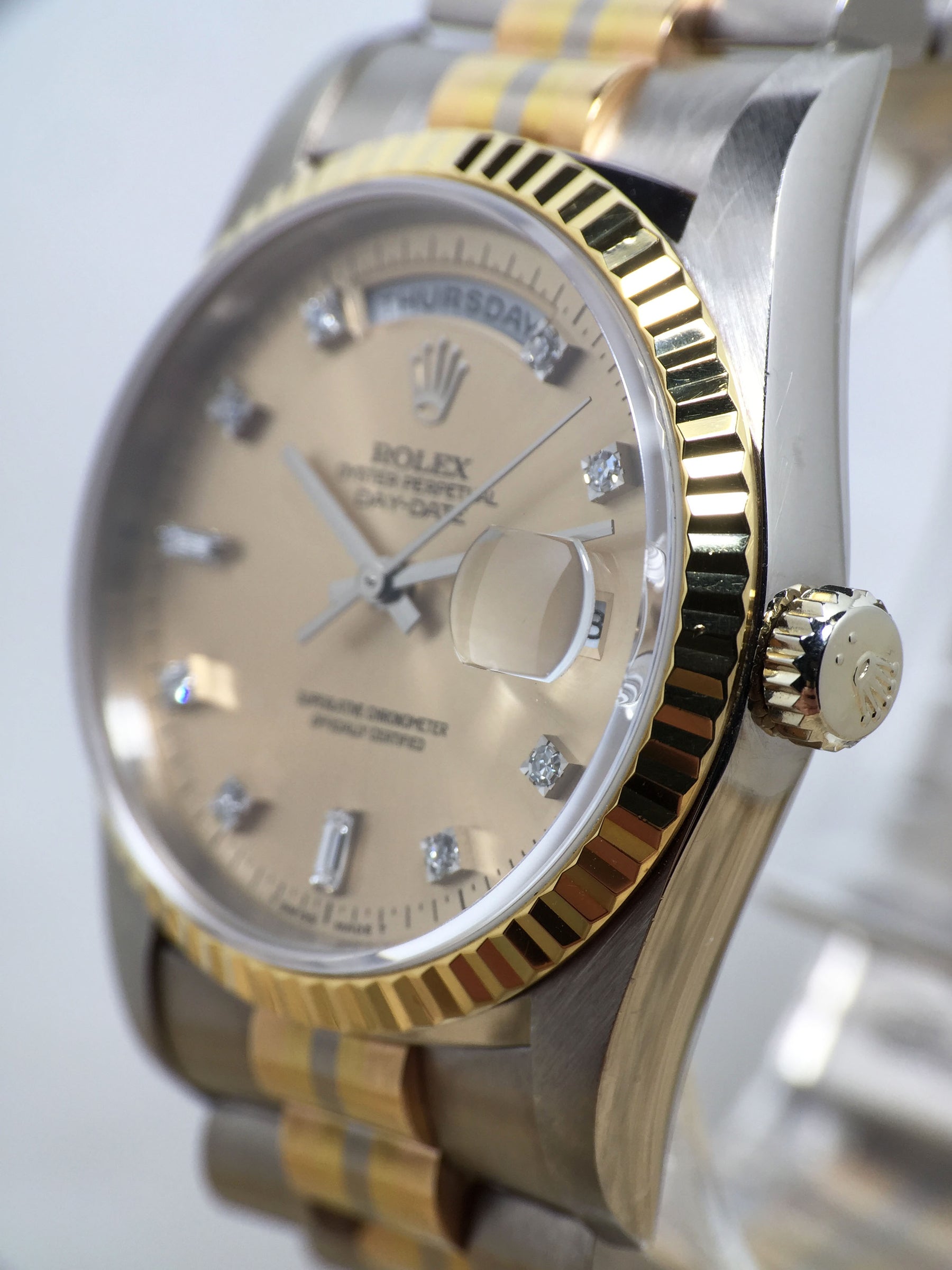 1994 Rolex Day Date Tridor Salmon Diamond Dial Ref. 18239B