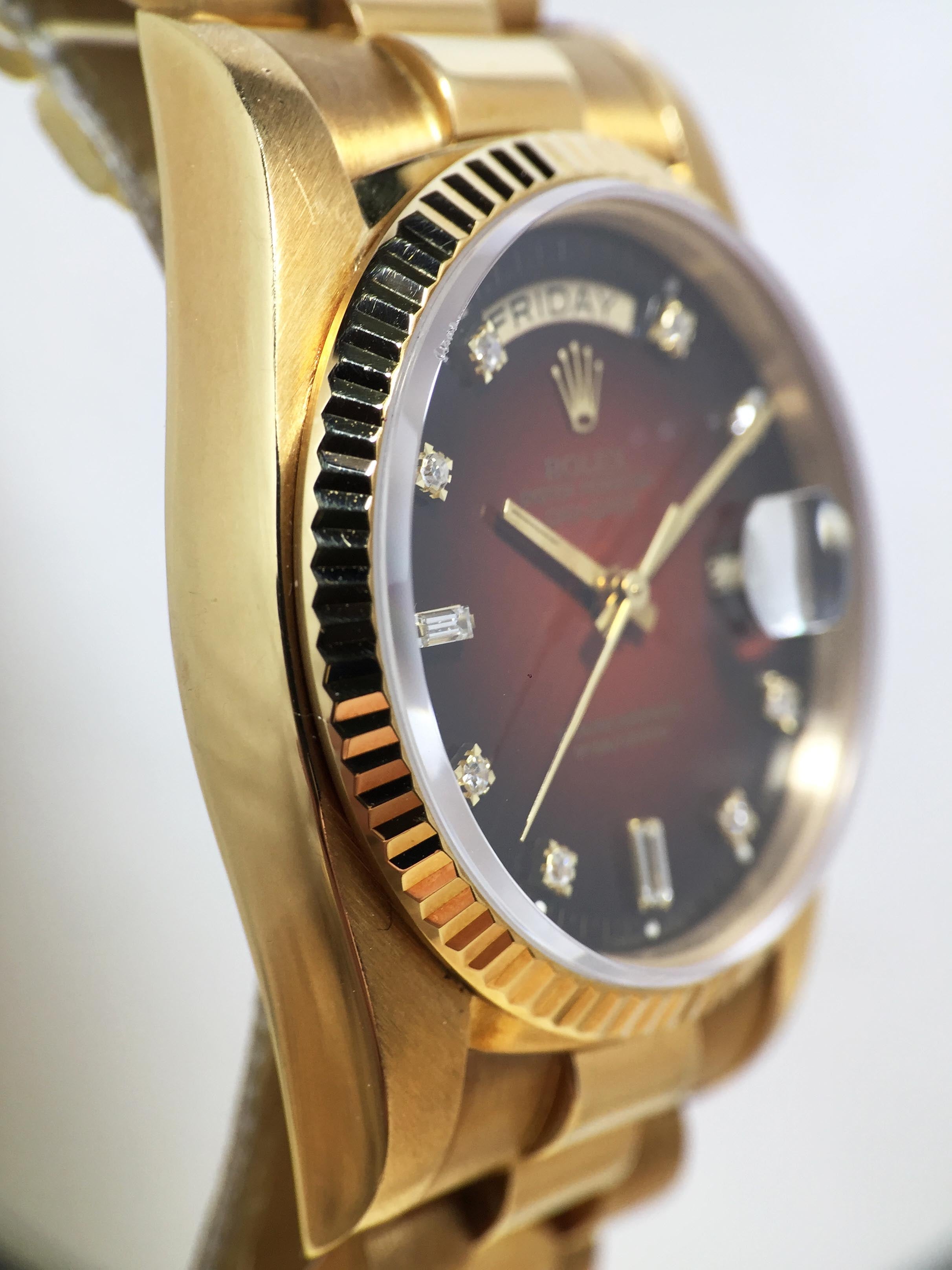 1983 Rolex Day Date Red Vignette Diamond Dial Ref. 18038 (with Papers and Hang Tags)