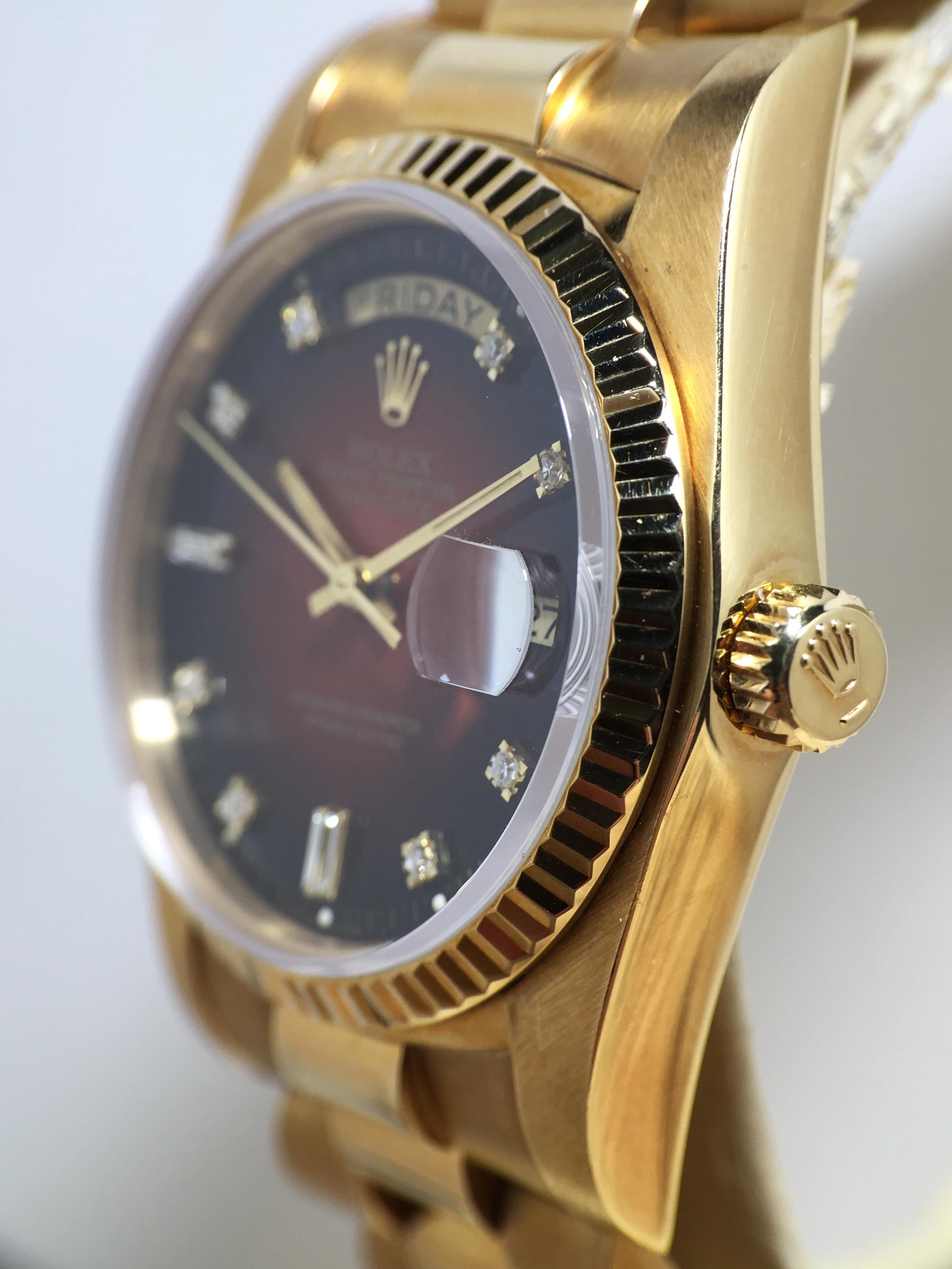1983 Rolex Day Date Red Vignette Diamond Dial Ref. 18038 (with Papers and Hang Tags)