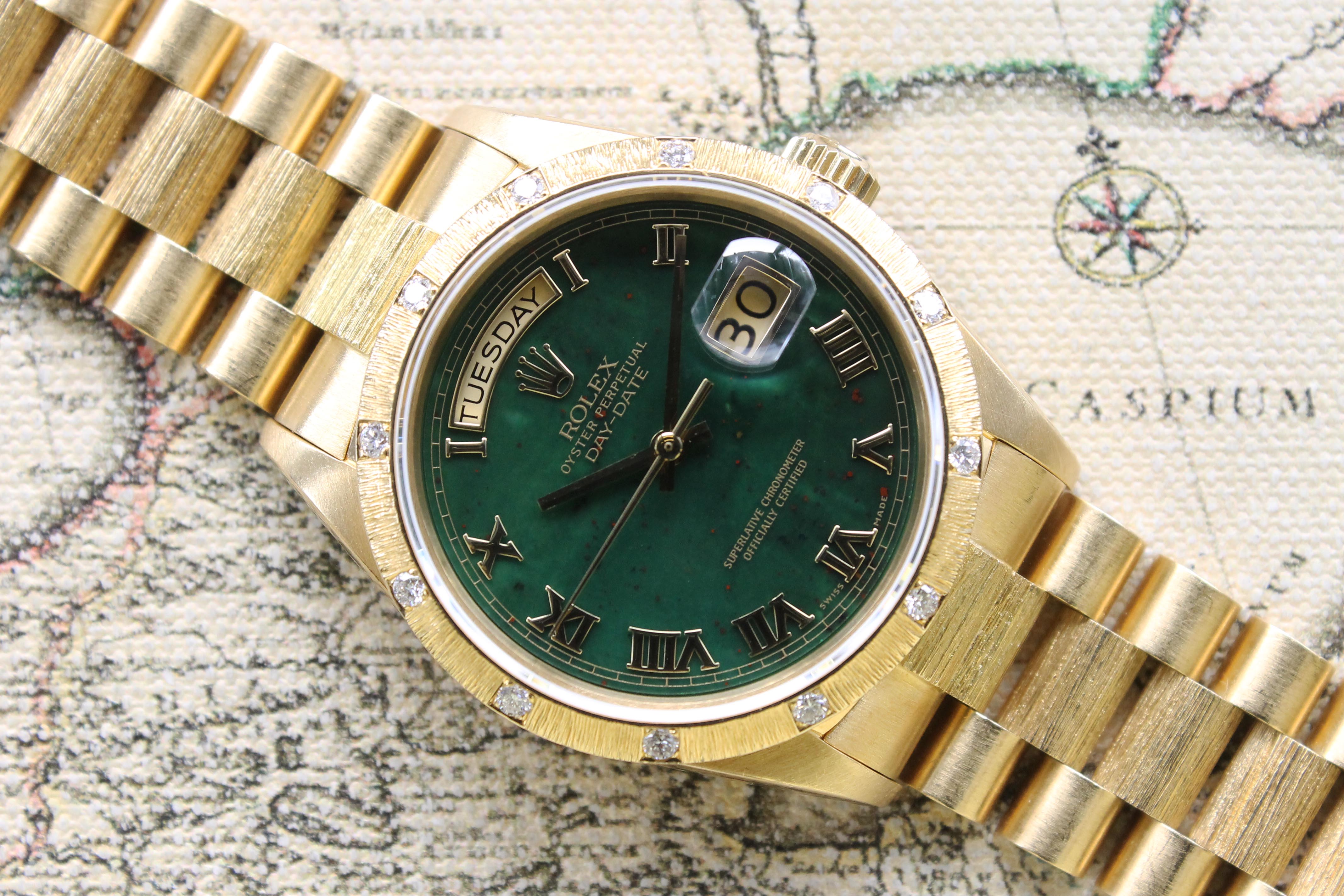 1986 Rolex Day Date Factory Bloodstone Dial and Diamond Bezel Ref. 181