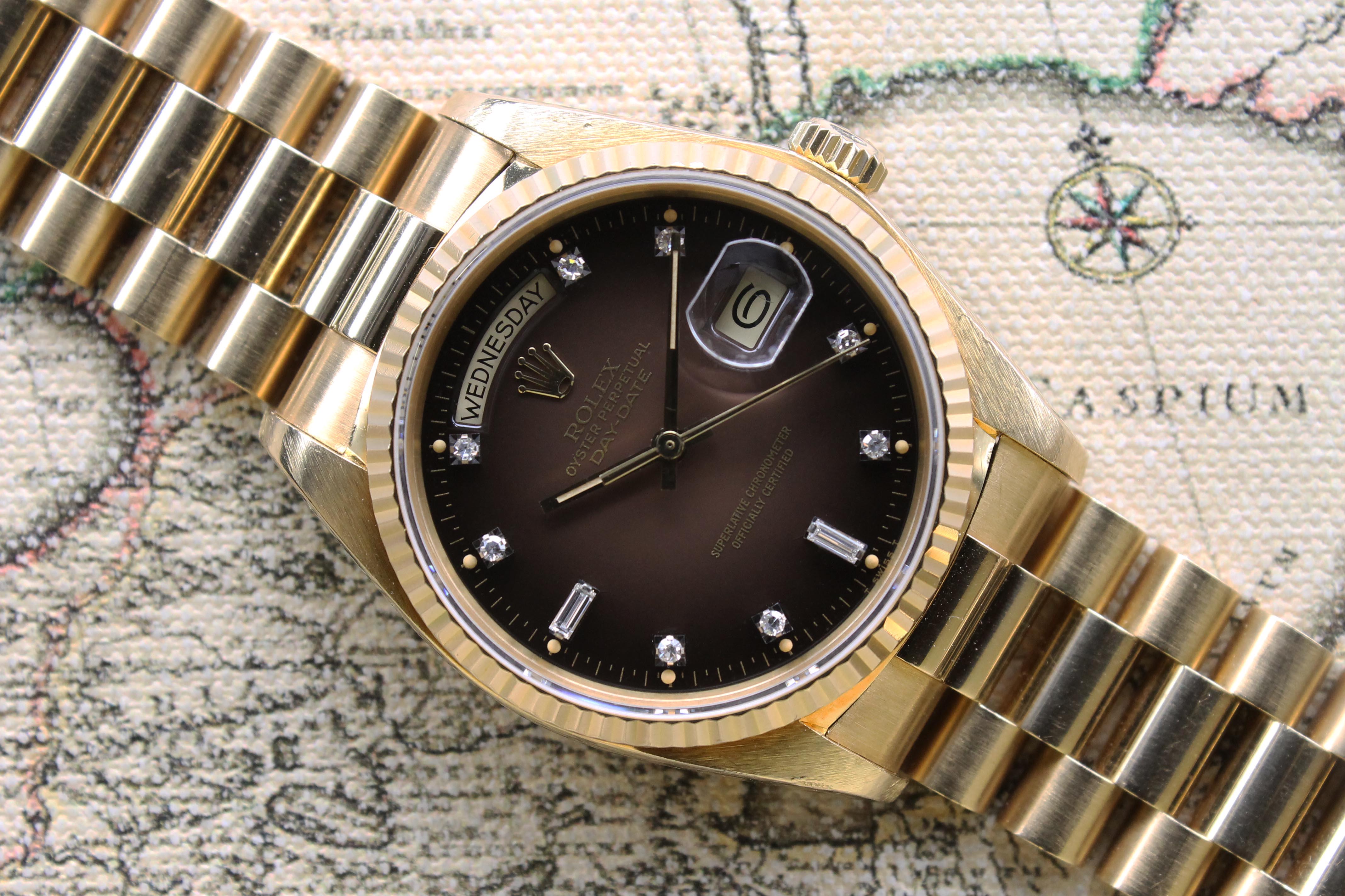 1979 Rolex Day Date Tobacco Brown Vignette Diamond Dial Ref. 18038