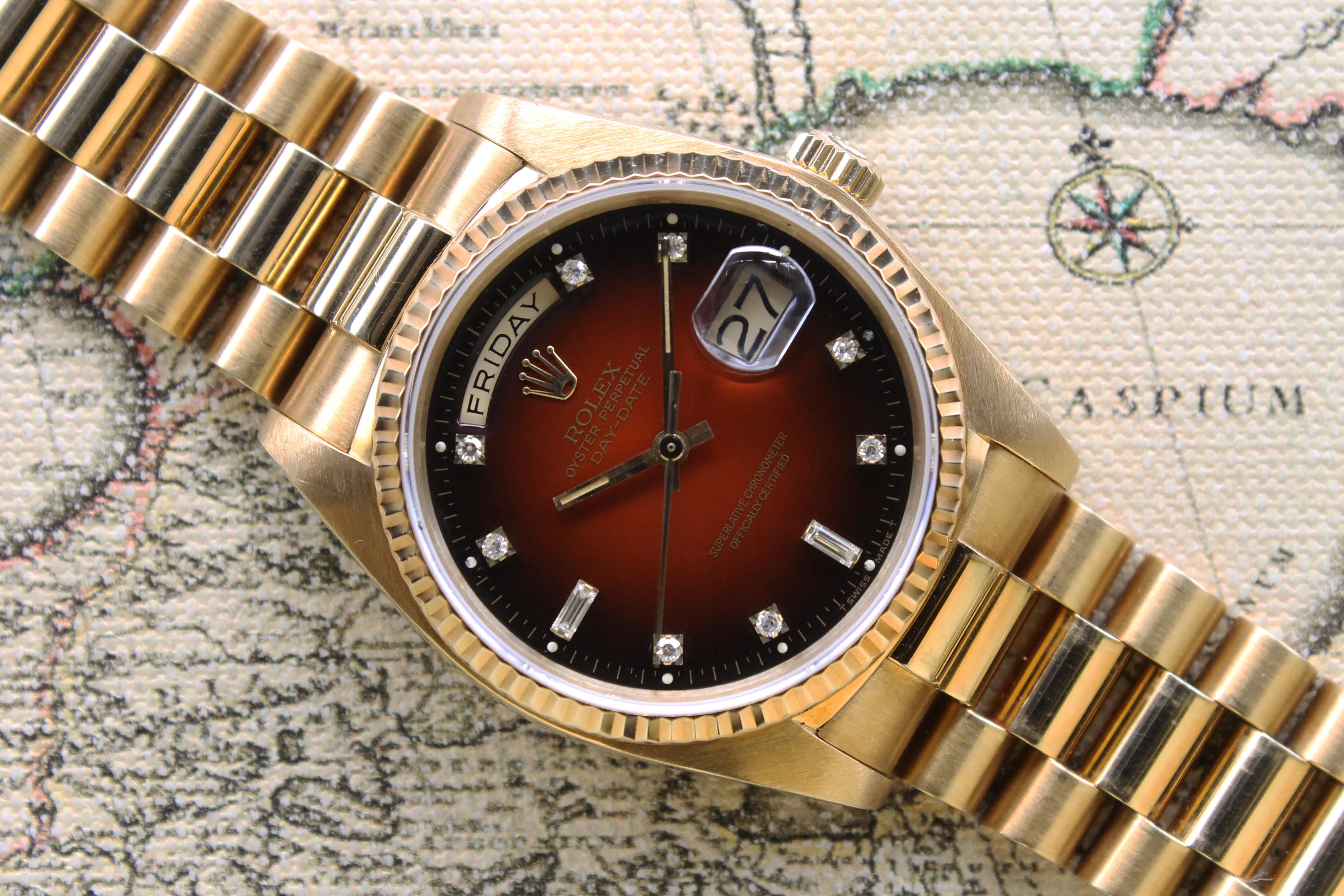 1983 Rolex Day Date Red Vignette Diamond Dial Ref. 18038 (with Papers and Hang Tags)