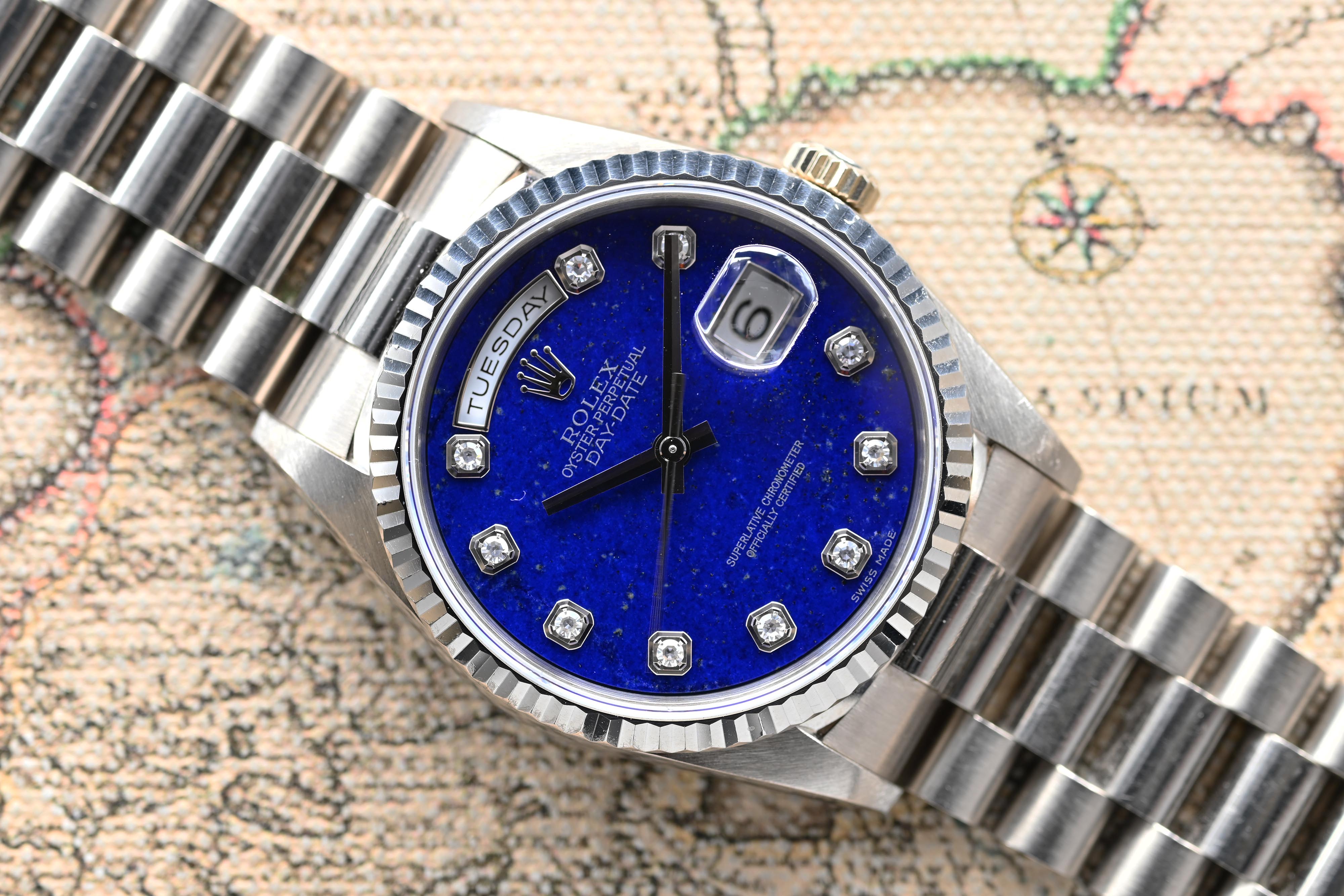 1990 Rolex Day Date White Gold Lapis Diamond Dial Ref. 18239