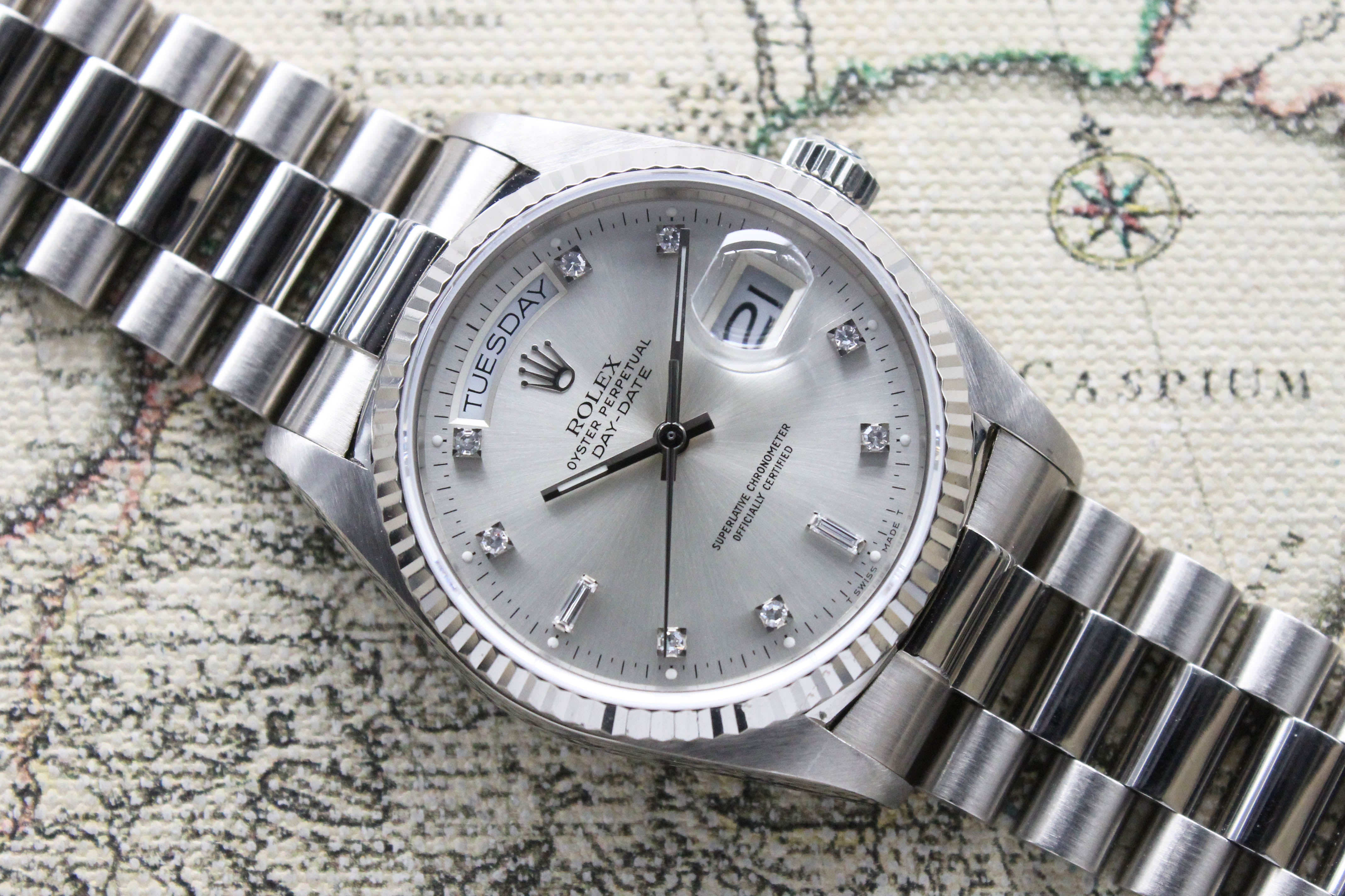 1988 Rolex Day Date Silver Diamond Dial Ref. 18039