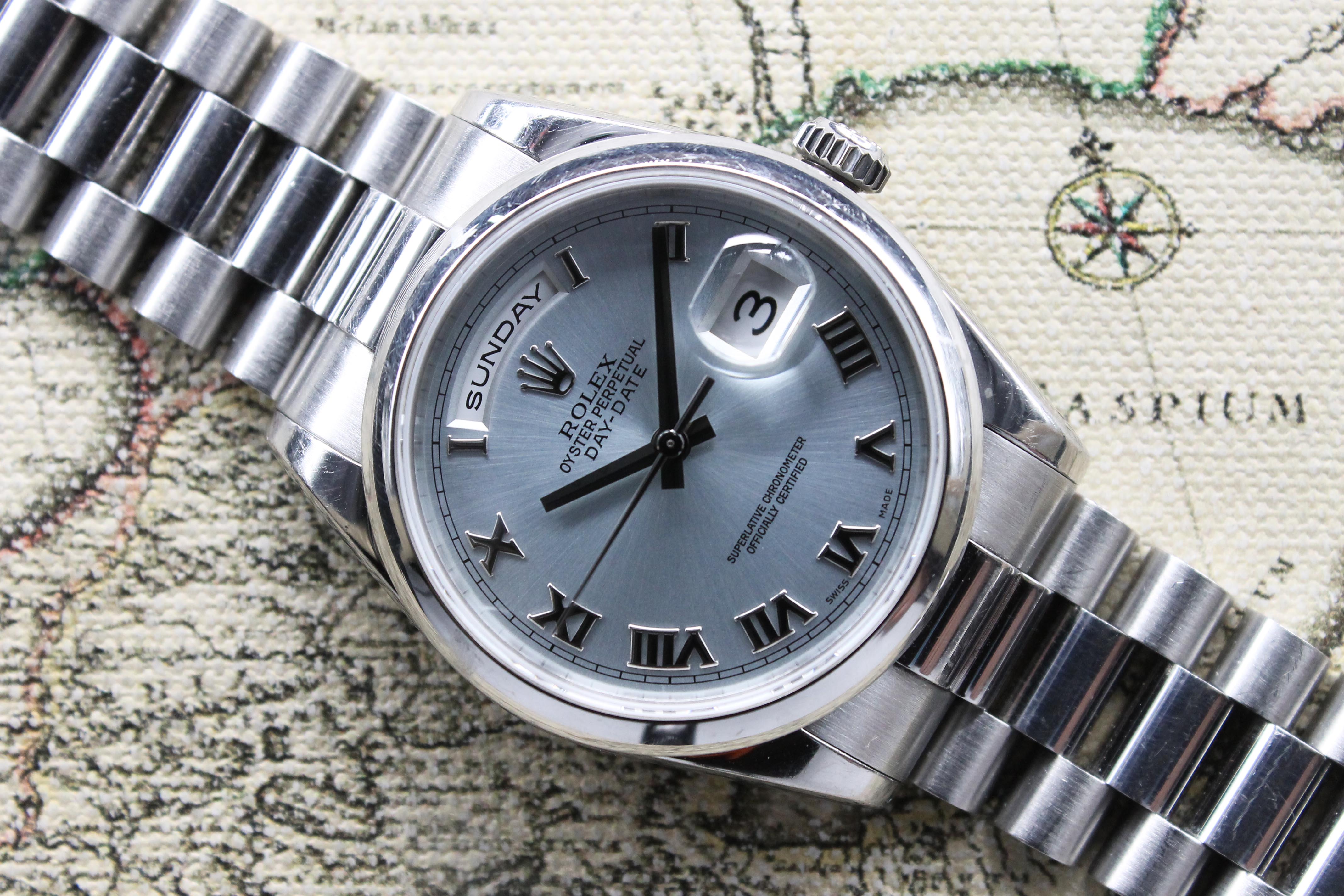 2004 Rolex Day Date Platinum Ice Blue Dial Ref. 118206 (Full Set)