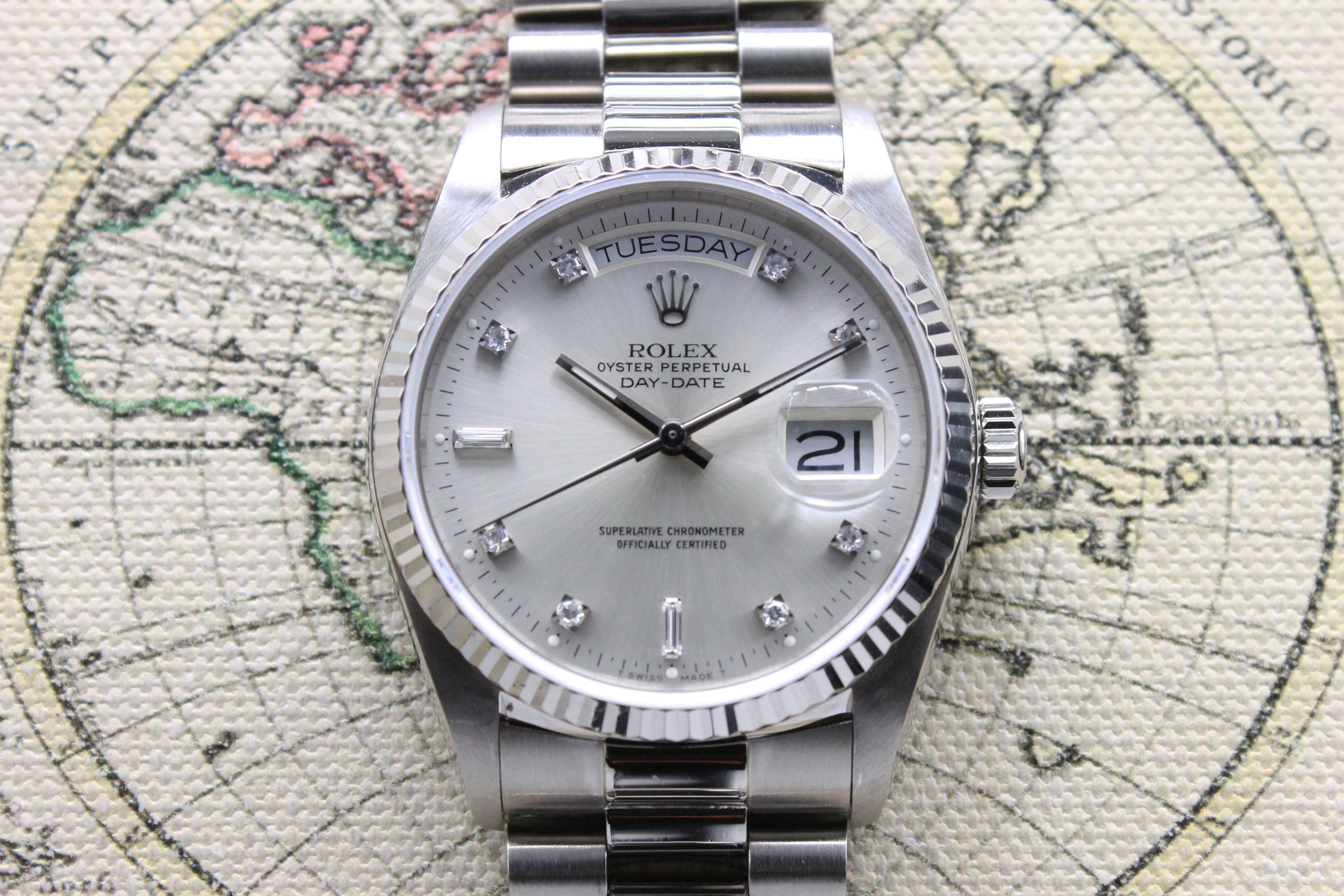 1988 Rolex Day Date Silver Diamond Dial Ref. 18039