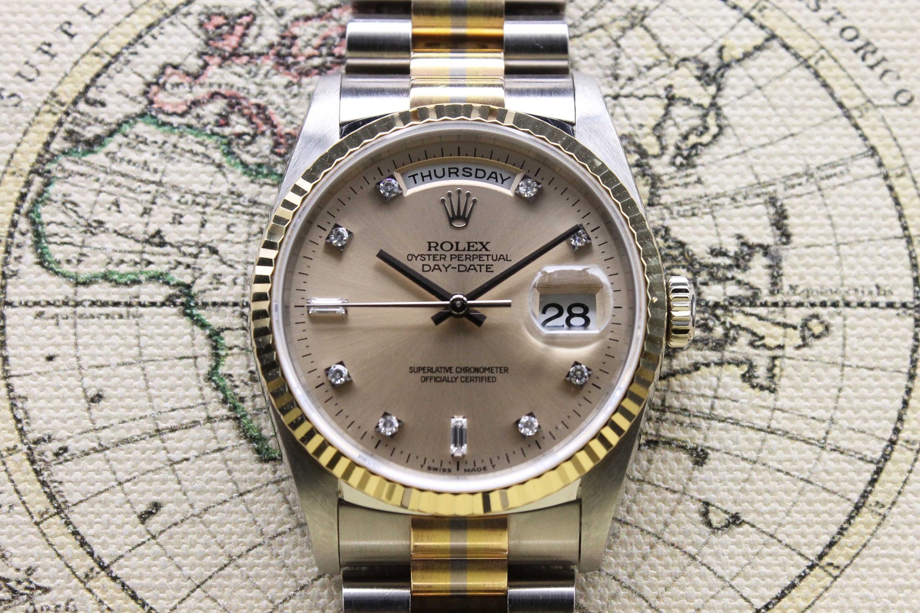 1994 Rolex Day Date Tridor Salmon Diamond Dial Ref. 18239B
