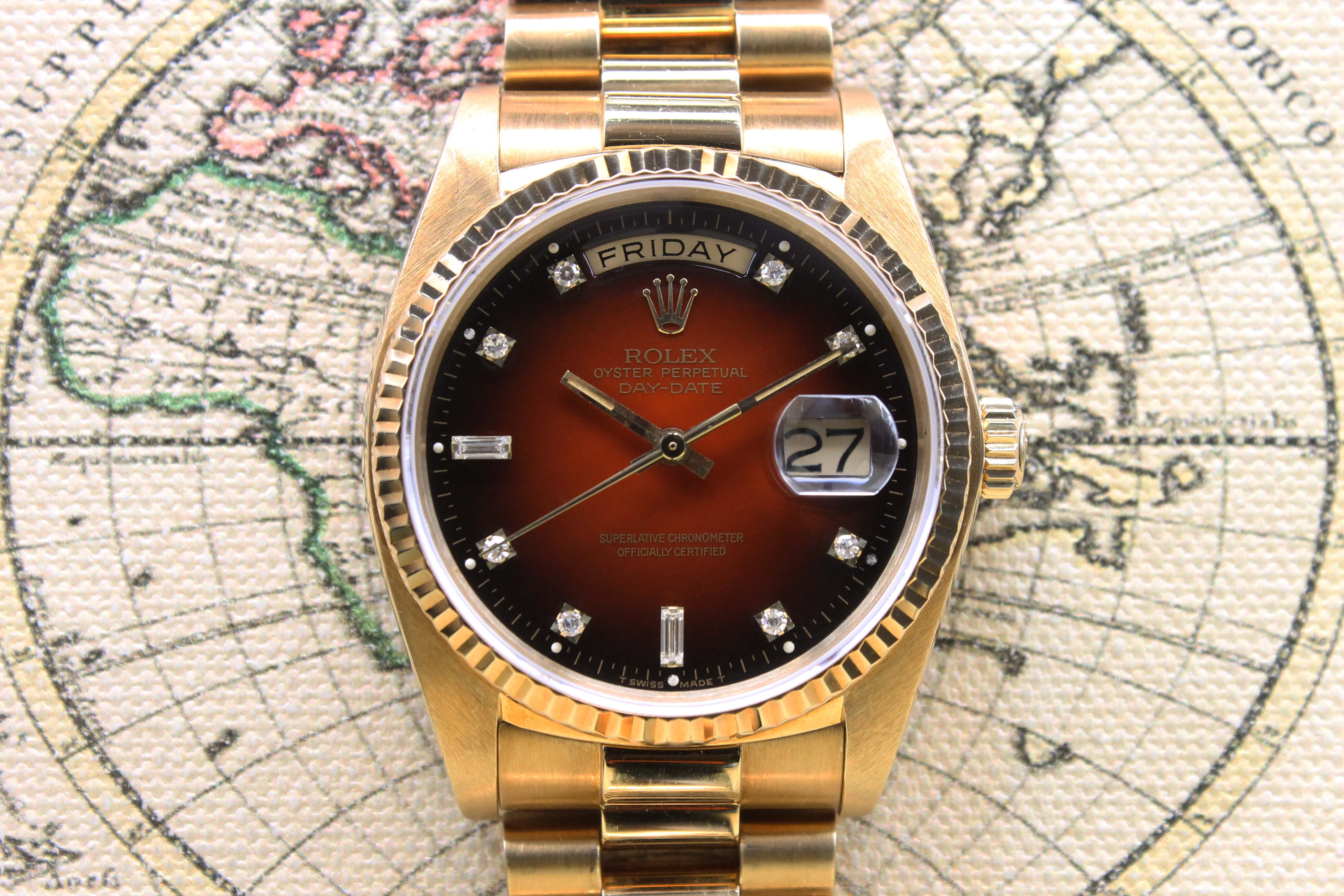 1983 Rolex Day Date Red Vignette Diamond Dial Ref. 18038 (with Papers and Hang Tags)