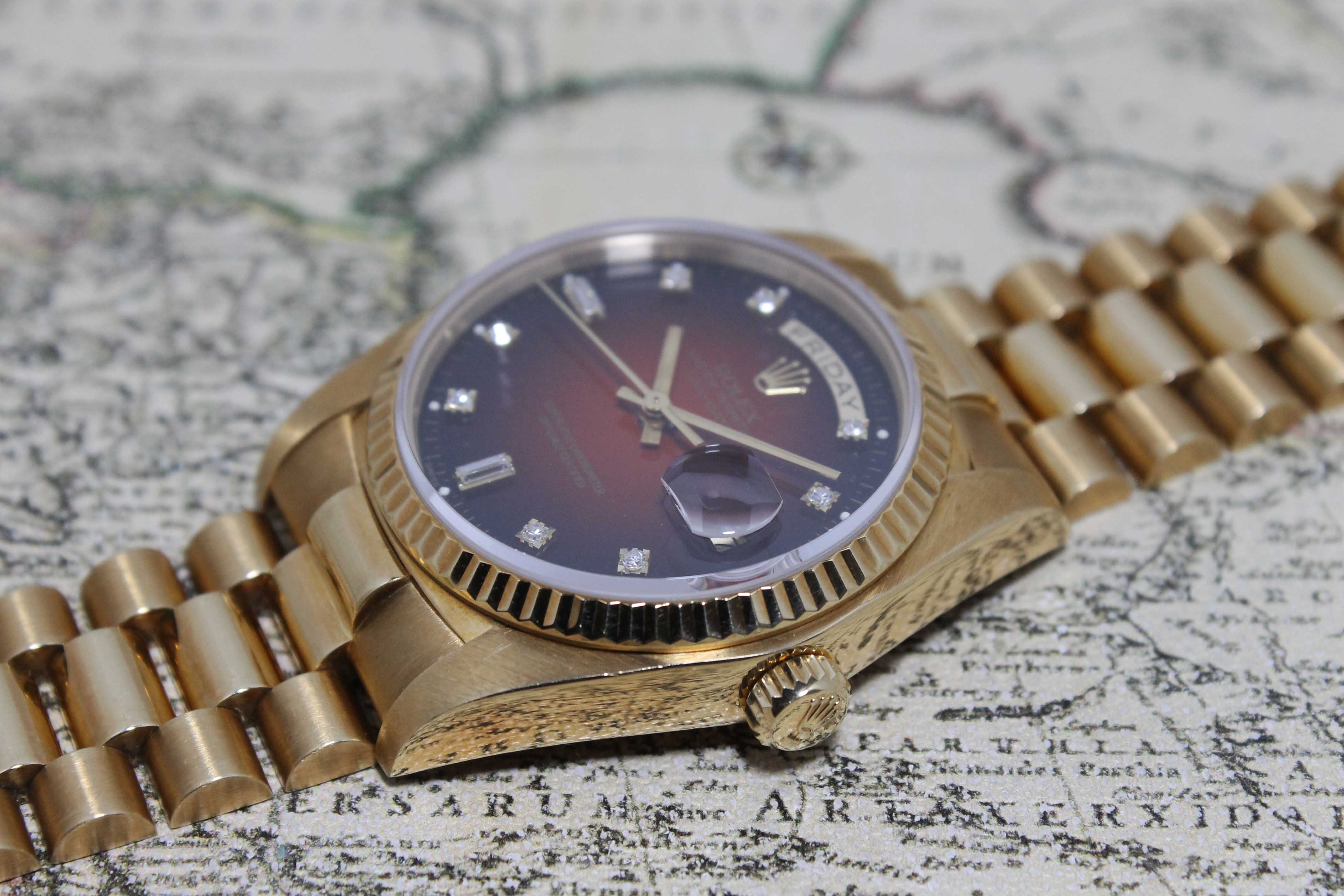 1983 Rolex Day Date Red Vignette Diamond Dial Ref. 18038 (with Papers and Hang Tags)