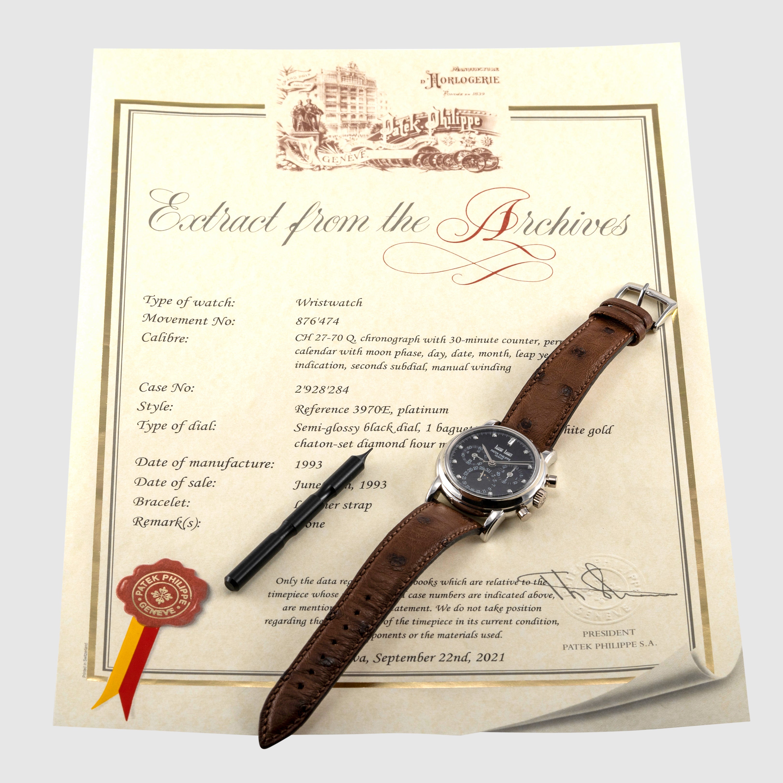 1993 Patek Philippe Platinum Black Diamond Dial Ref. 3970EP (w/ Extract)