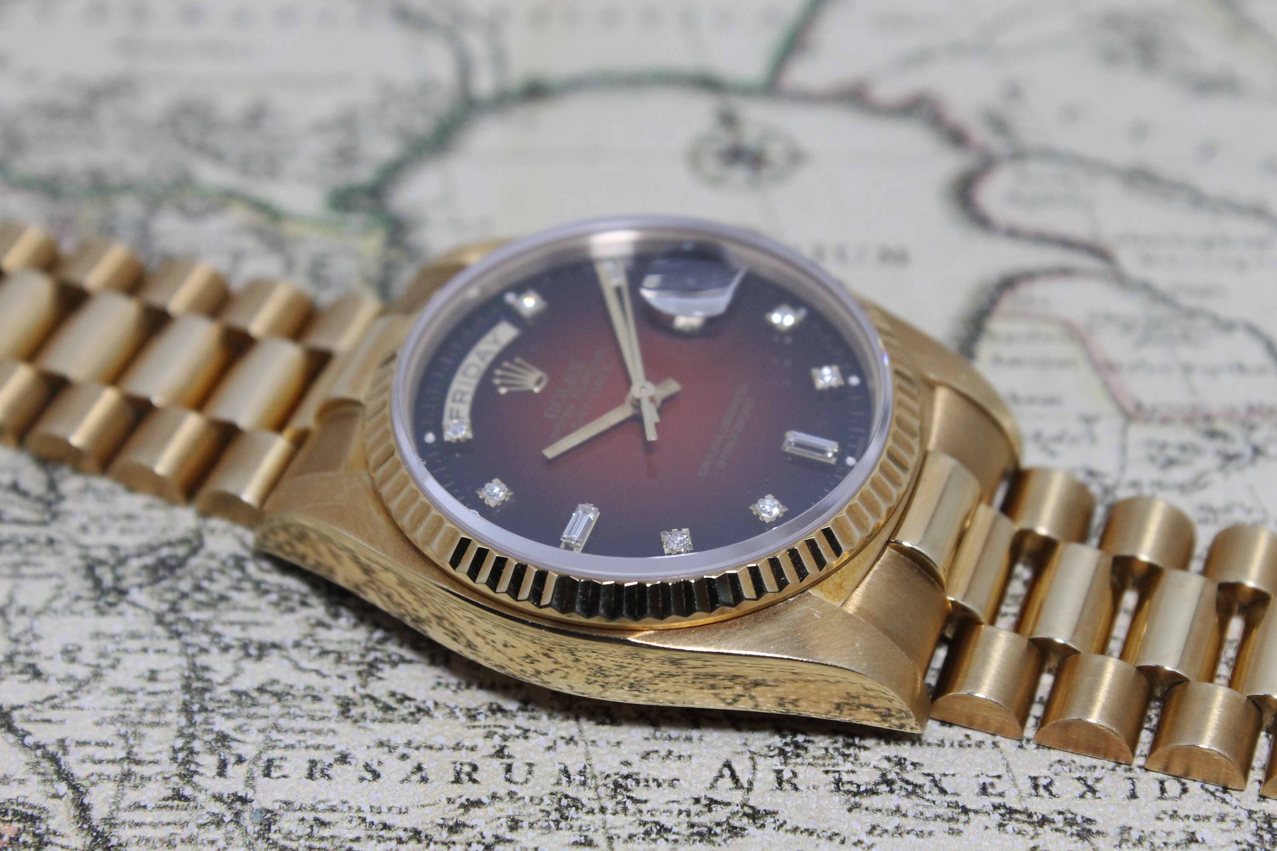 1983 Rolex Day Date Red Vignette Diamond Dial Ref. 18038 (with Papers and Hang Tags)