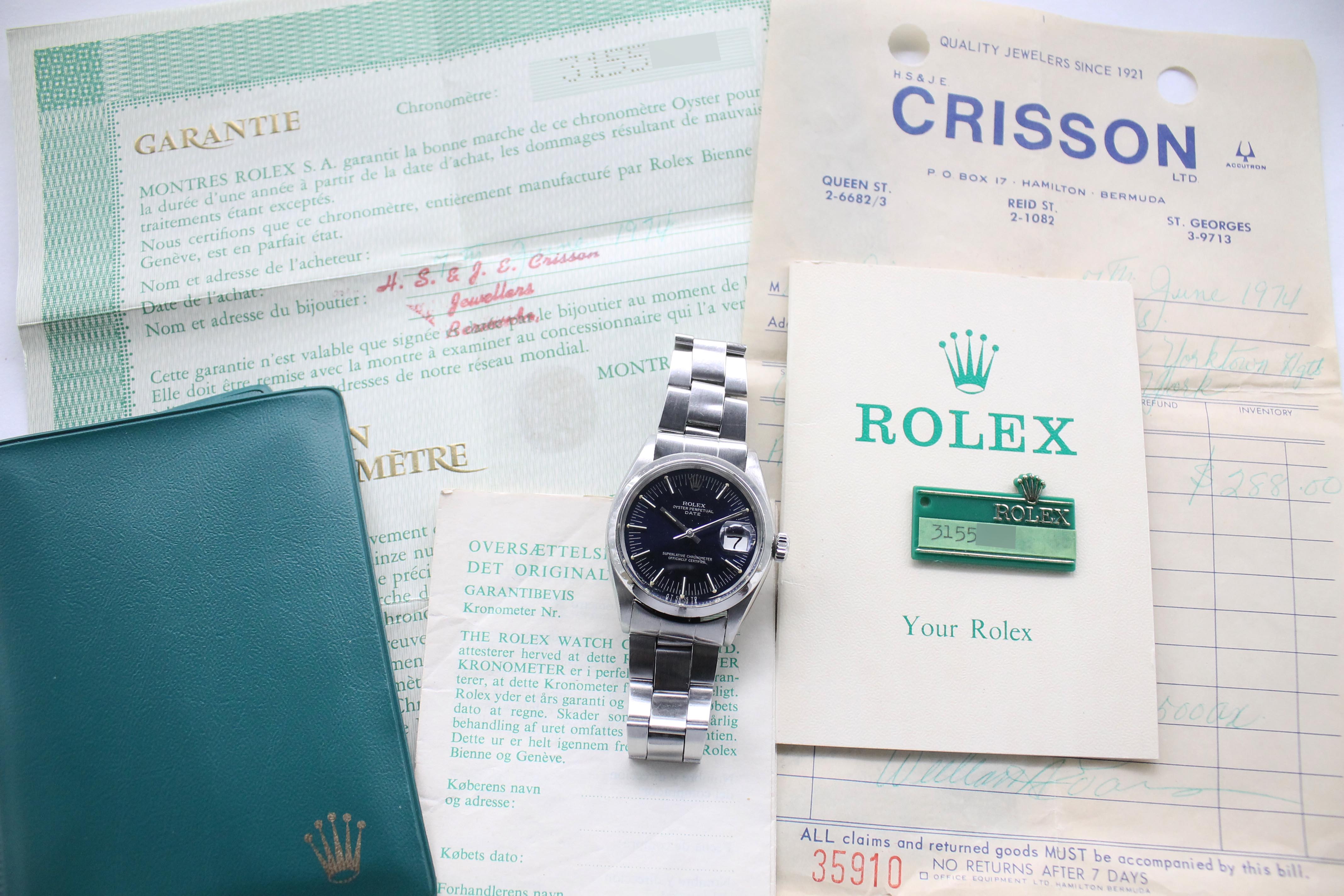 1972 Rolex Date Blue Dial Ref. 1500 (with Certificate & Orig. Invoice )