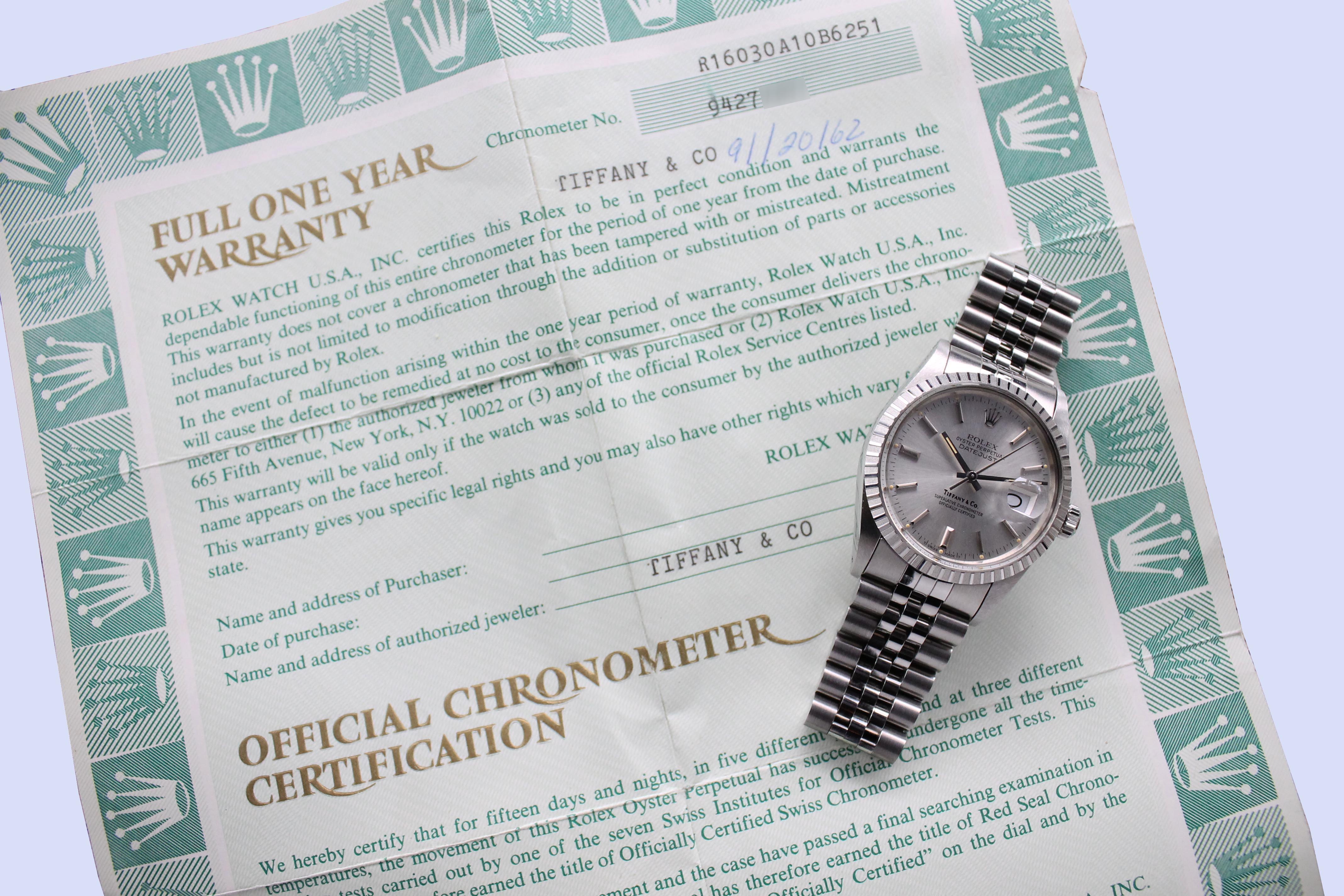 1987 Rolex Datejust NOS Tiffany & Co. Ref. 16030 (Full Set)