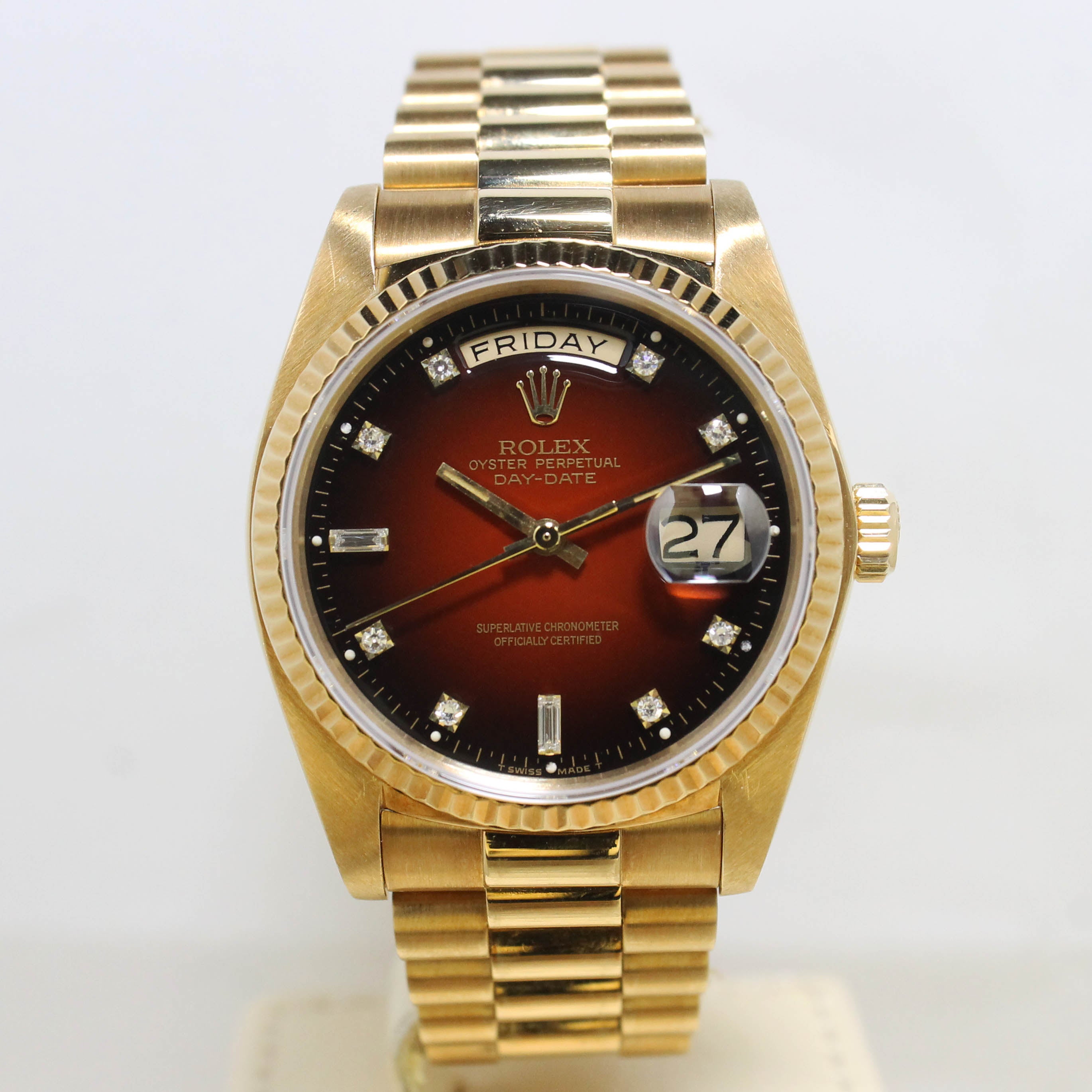 1983 Rolex Day Date Red Vignette Diamond Dial Ref. 18038 (with Papers and Hang Tags)