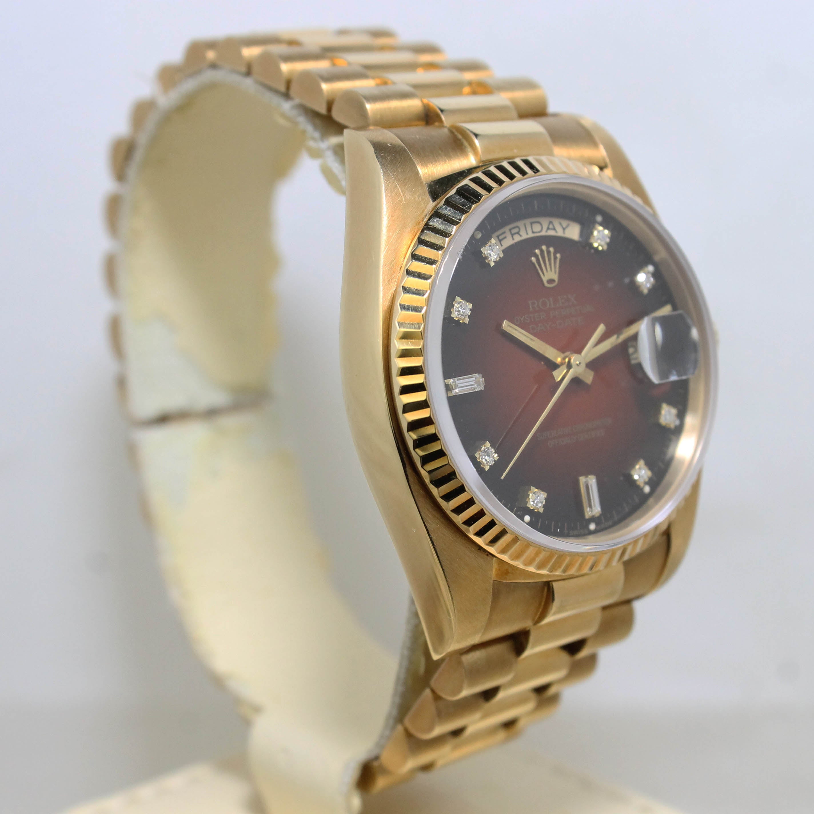 1983 Rolex Day Date Red Vignette Diamond Dial Ref. 18038 (with Papers and Hang Tags)
