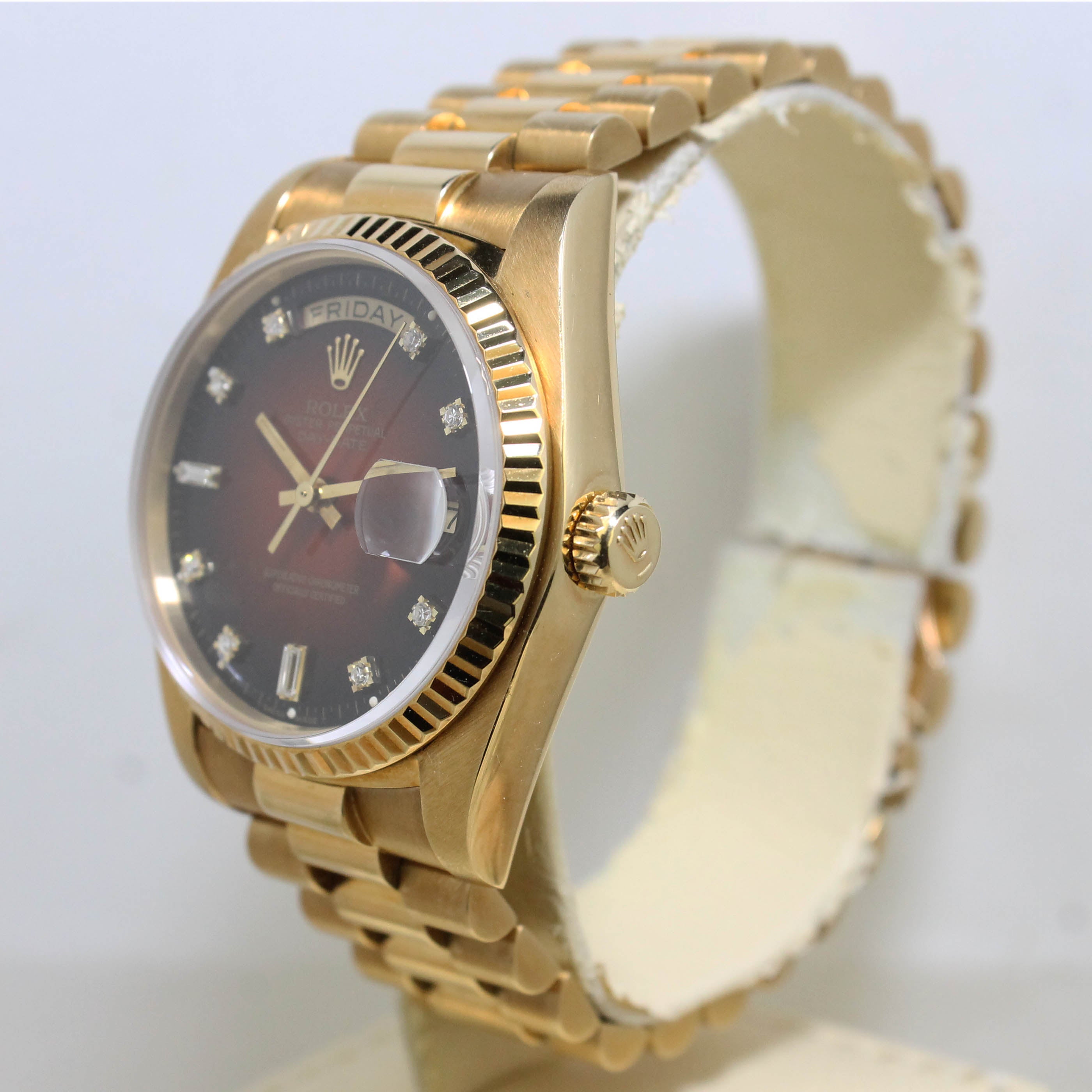 1983 Rolex Day Date Red Vignette Diamond Dial Ref. 18038 (with Papers and Hang Tags)