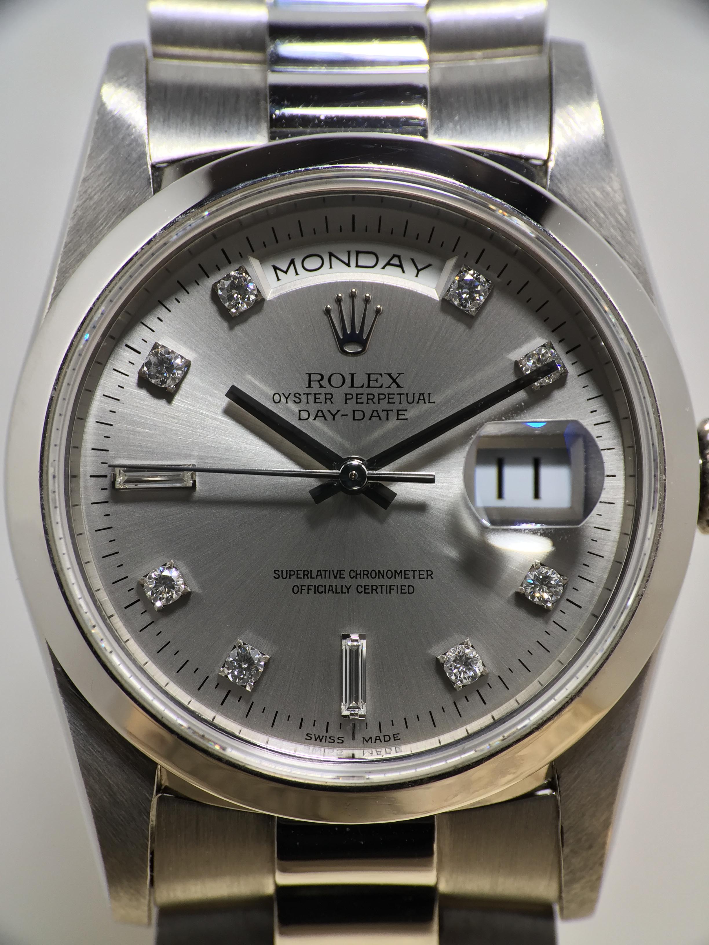 1996 Rolex Day Date Platinum Silver No Lume Diamond Dial Ref. 18206