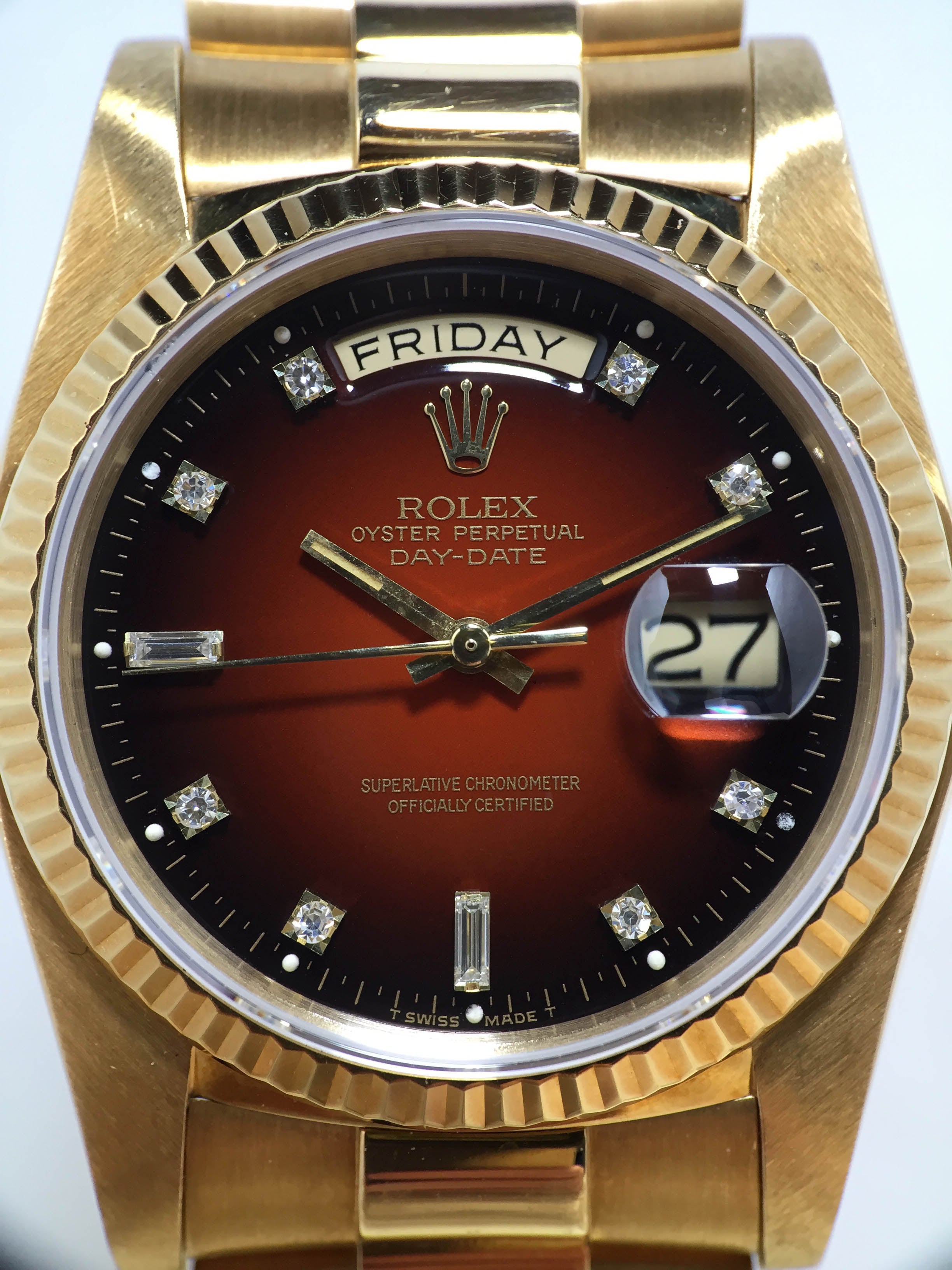 1983 Rolex Day Date Red Vignette Diamond Dial Ref. 18038 (with Papers and Hang Tags)