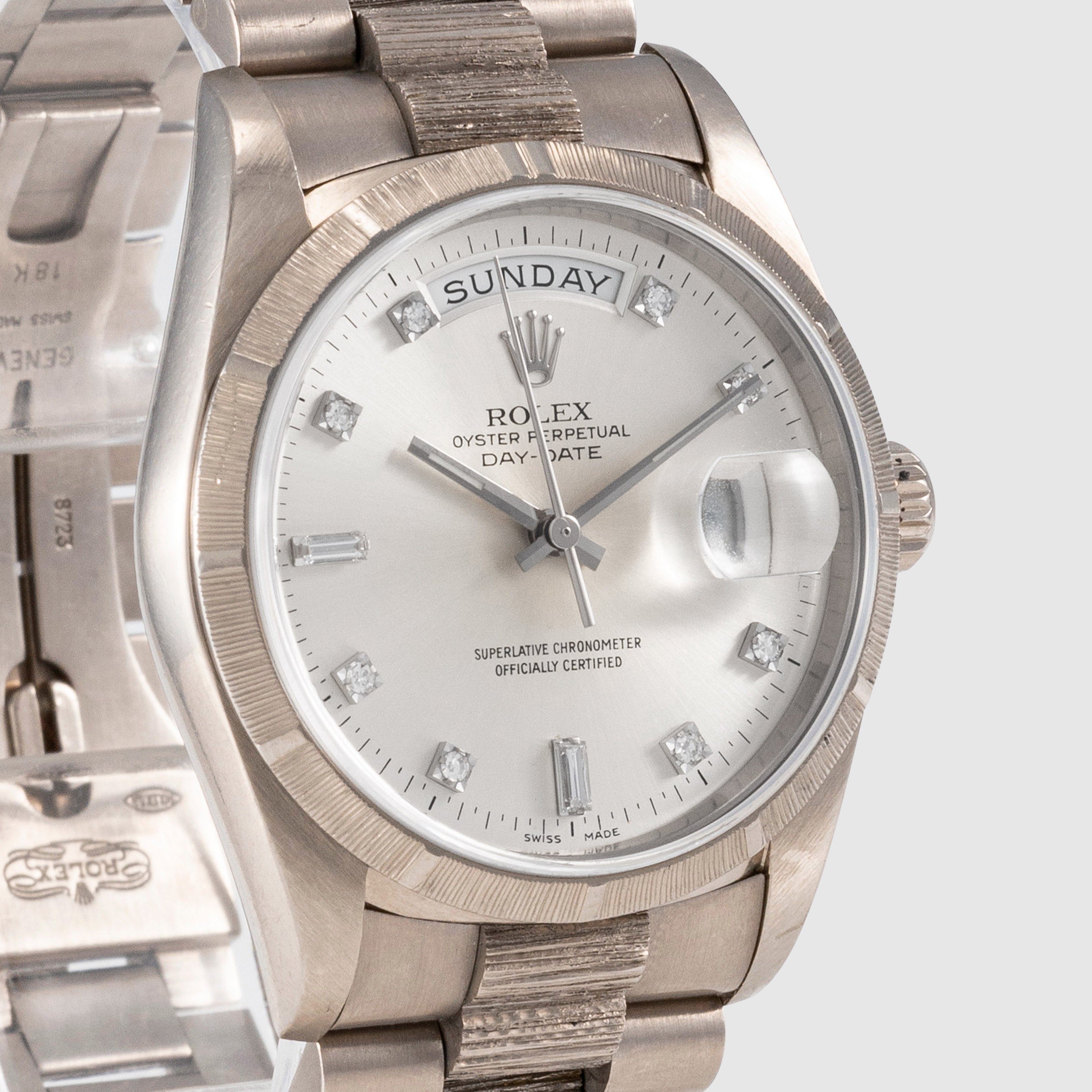 1999 Rolex Day Date White Gold Bark Finish Ref. 18249