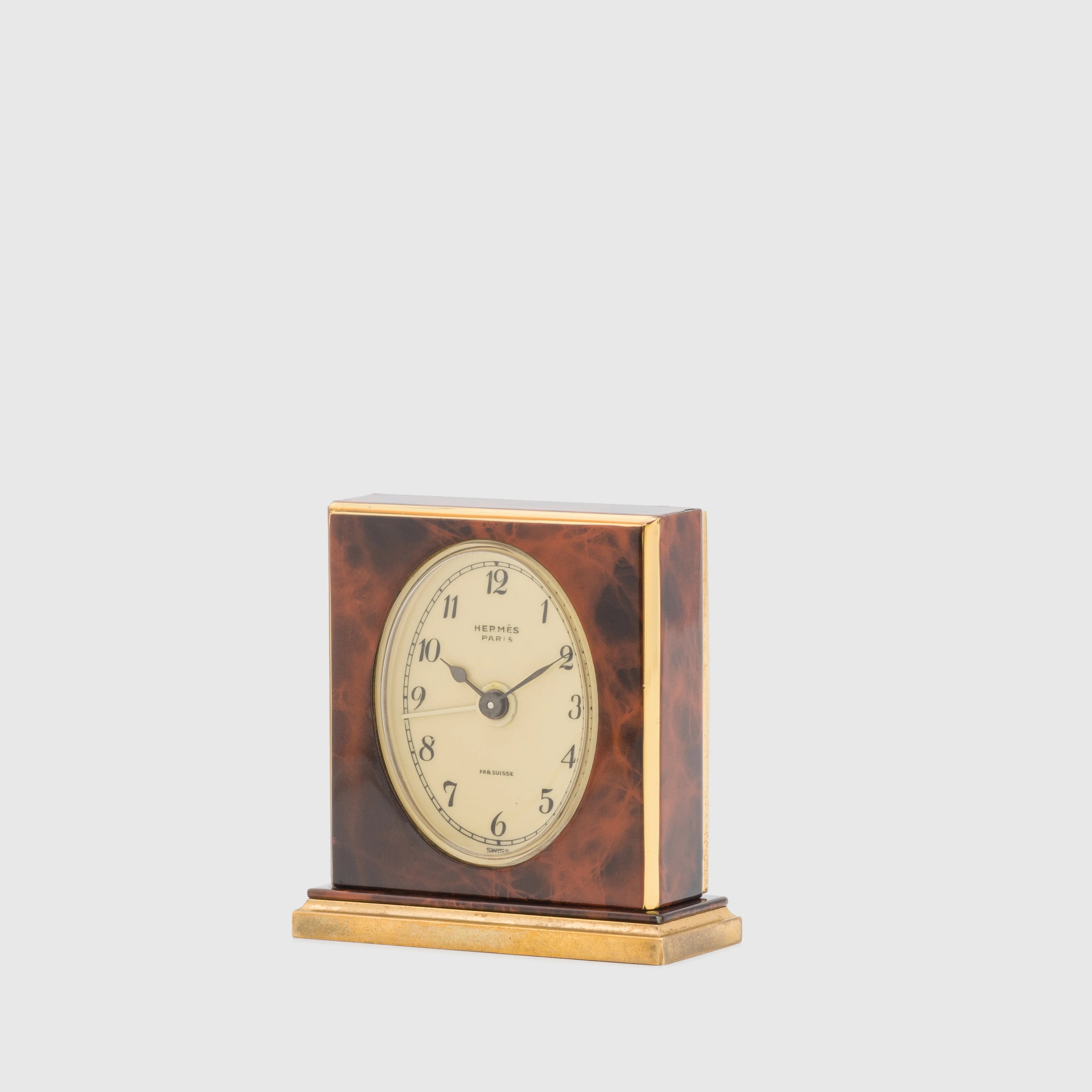 Vintage Hermes Gold Metal burl wood enameled Small Alarm Clock 727894 & Barometer (1689)  Set