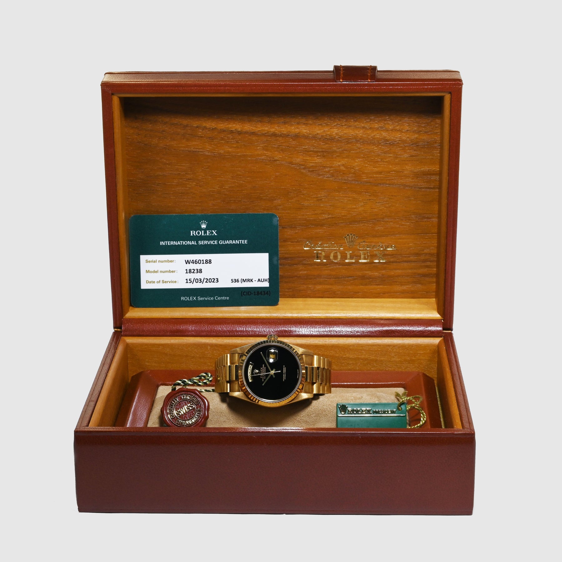 1995 Rolex Day Date Onyx Dial LNOS Ref. 18238 (with RSC & Box)