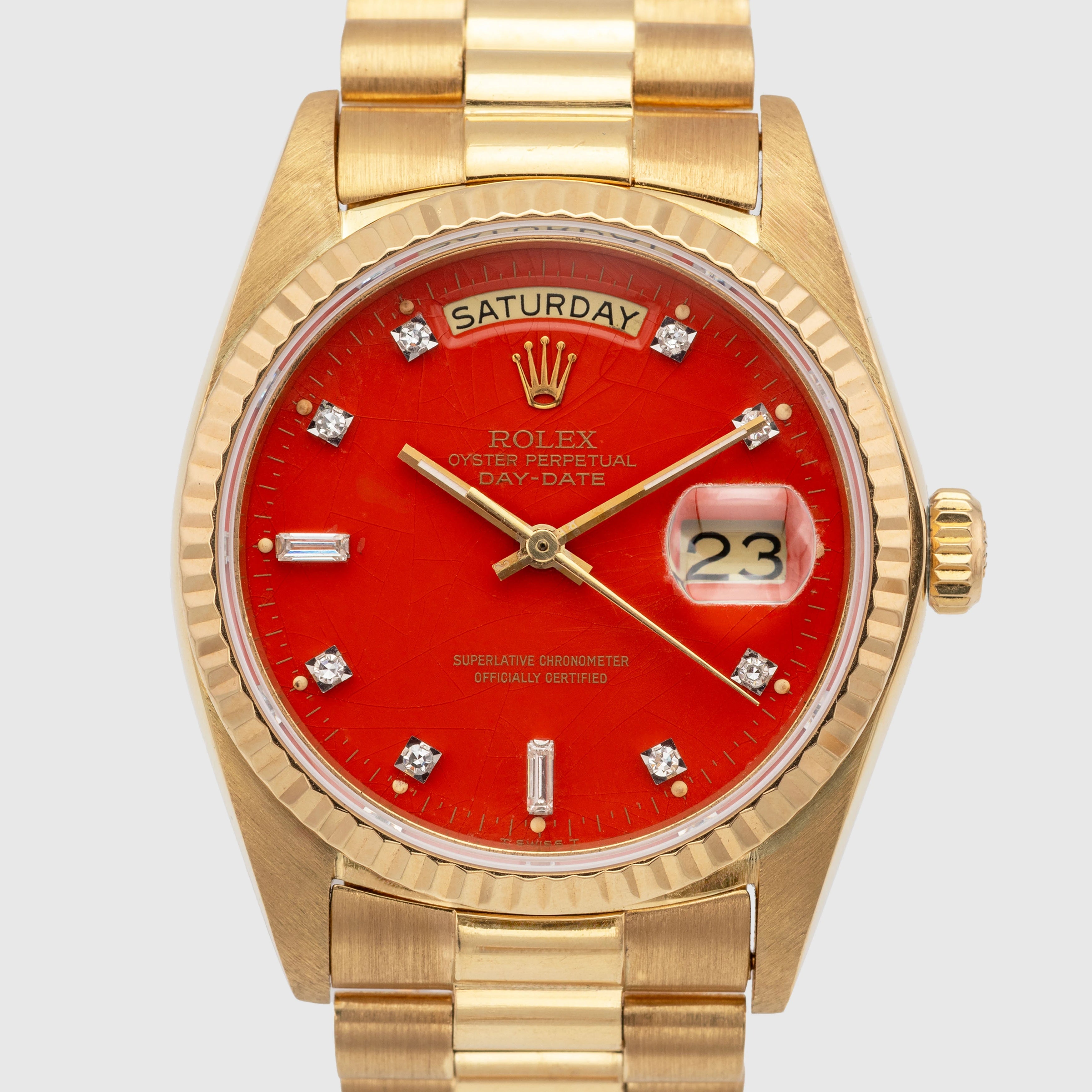 1987 Rolex Day Date Red Stella Diamond Dial Ref. 18038 (with Papers)
