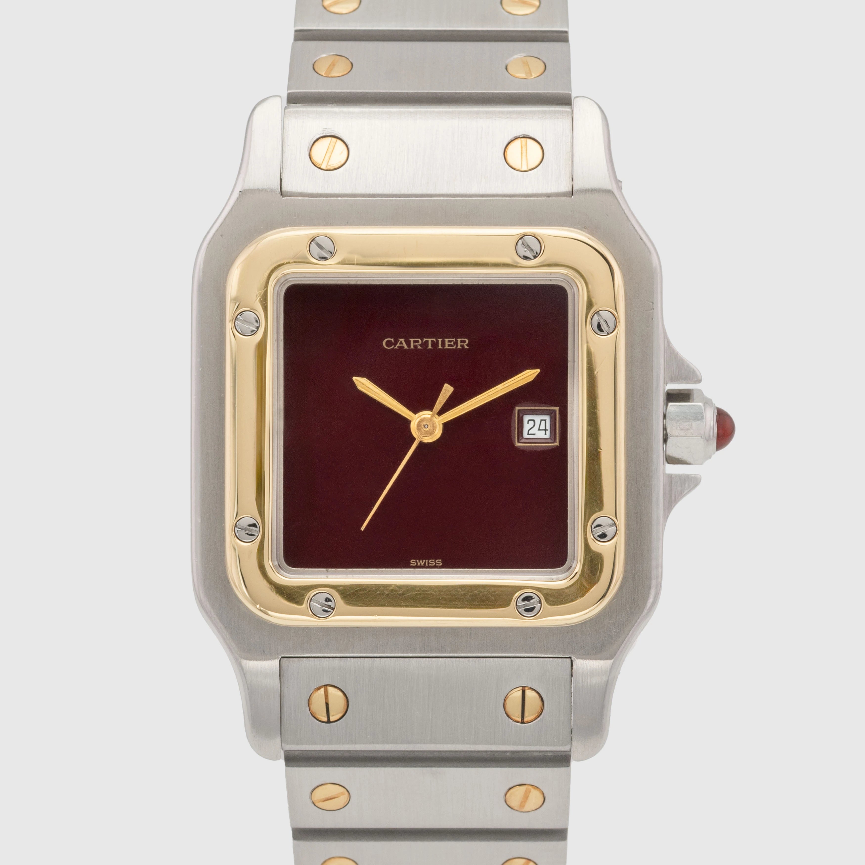 1980's Cartier Santos Carree Burgundy Dial St/G Ref. 2961 (Box)