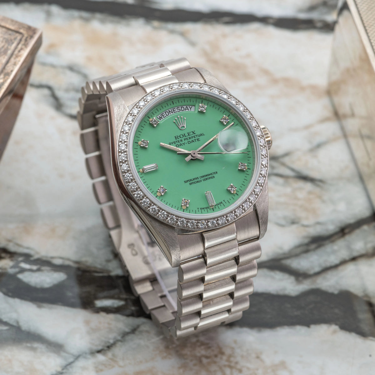 1988 Rolex Day Date Sea Foam Stella Diamond Dial Ref. 18049