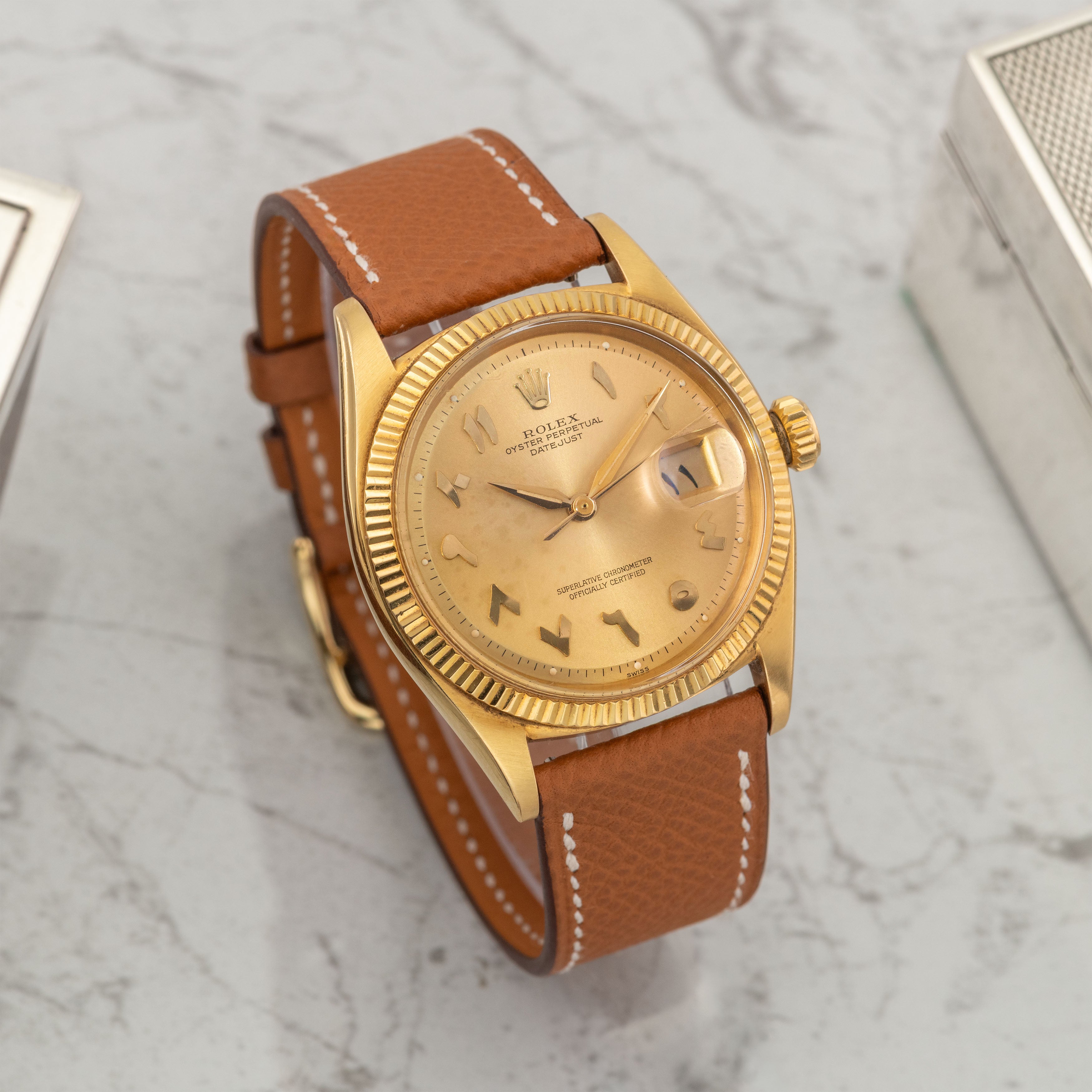 1960 Rolex Datejust 18k Yellow Gold Arabic Hindi Numerals Champagne Dial Ref. 1601